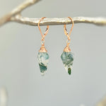 Moss Agate Earrings Dangle Rose Gold, Sterling Silver 14k Gold Fill dainty raw green gemstone crystal Handmade jewelry gift for daughter