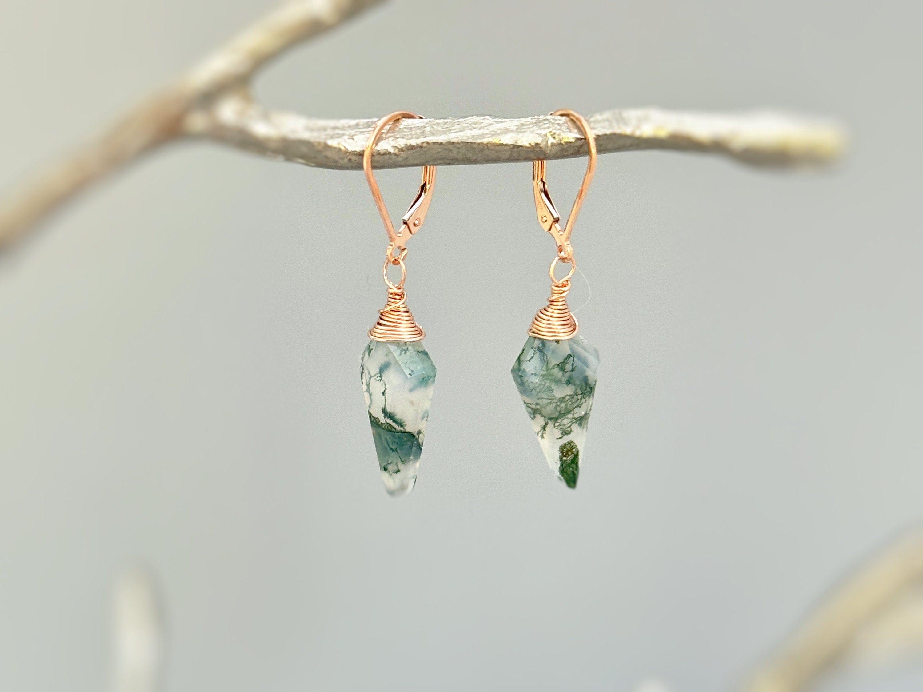 Moss Agate Earrings Dangle Rose Gold, Sterling Silver 14k Gold Fill dainty raw green gemstone crystal Handmade jewelry gift for daughter