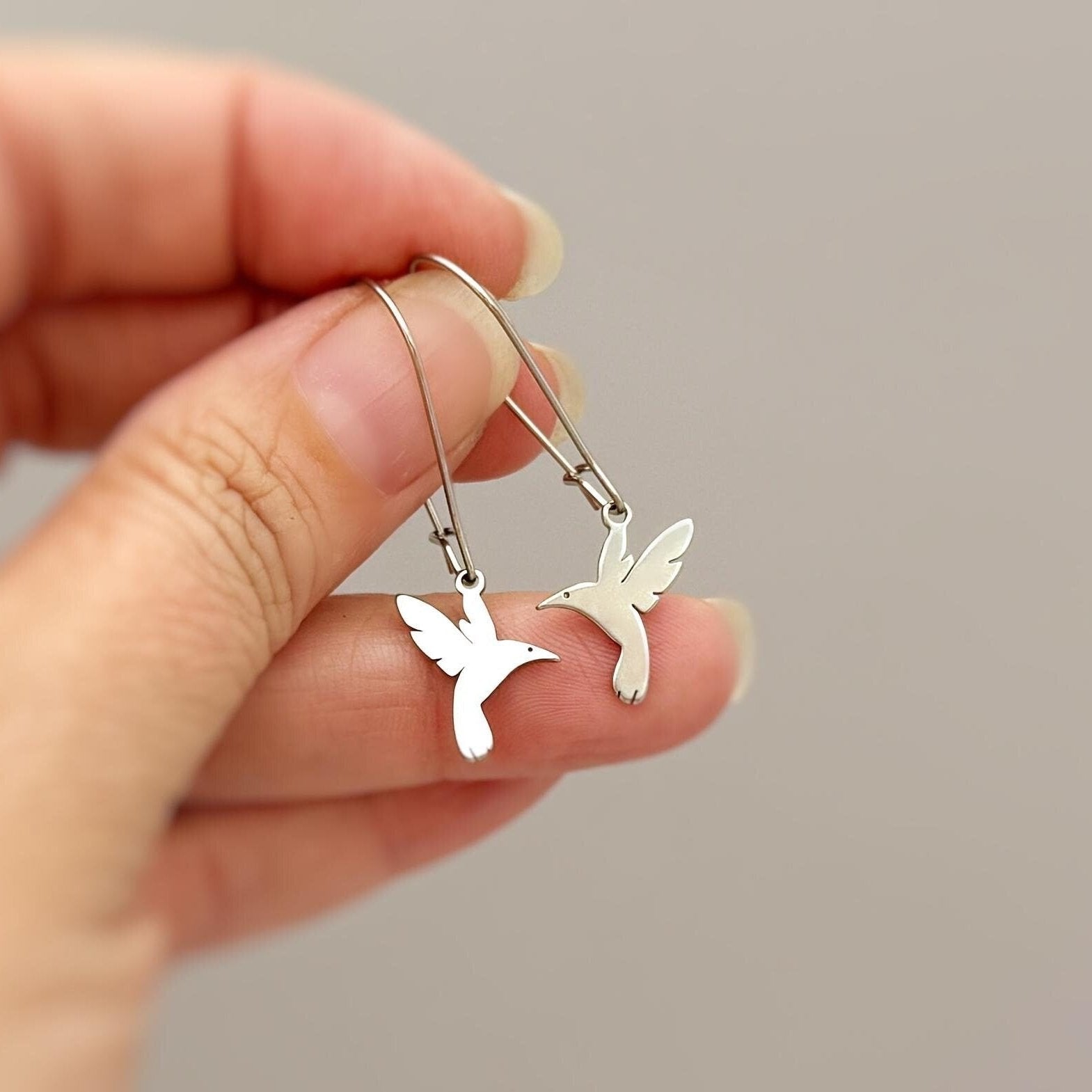 Long Silver Hummingbird Earrings dangle gold sterling silver Bird Jewelry unique gift for mom, nature, bird lover, wife Handmade dangly lightweight jewelry for women