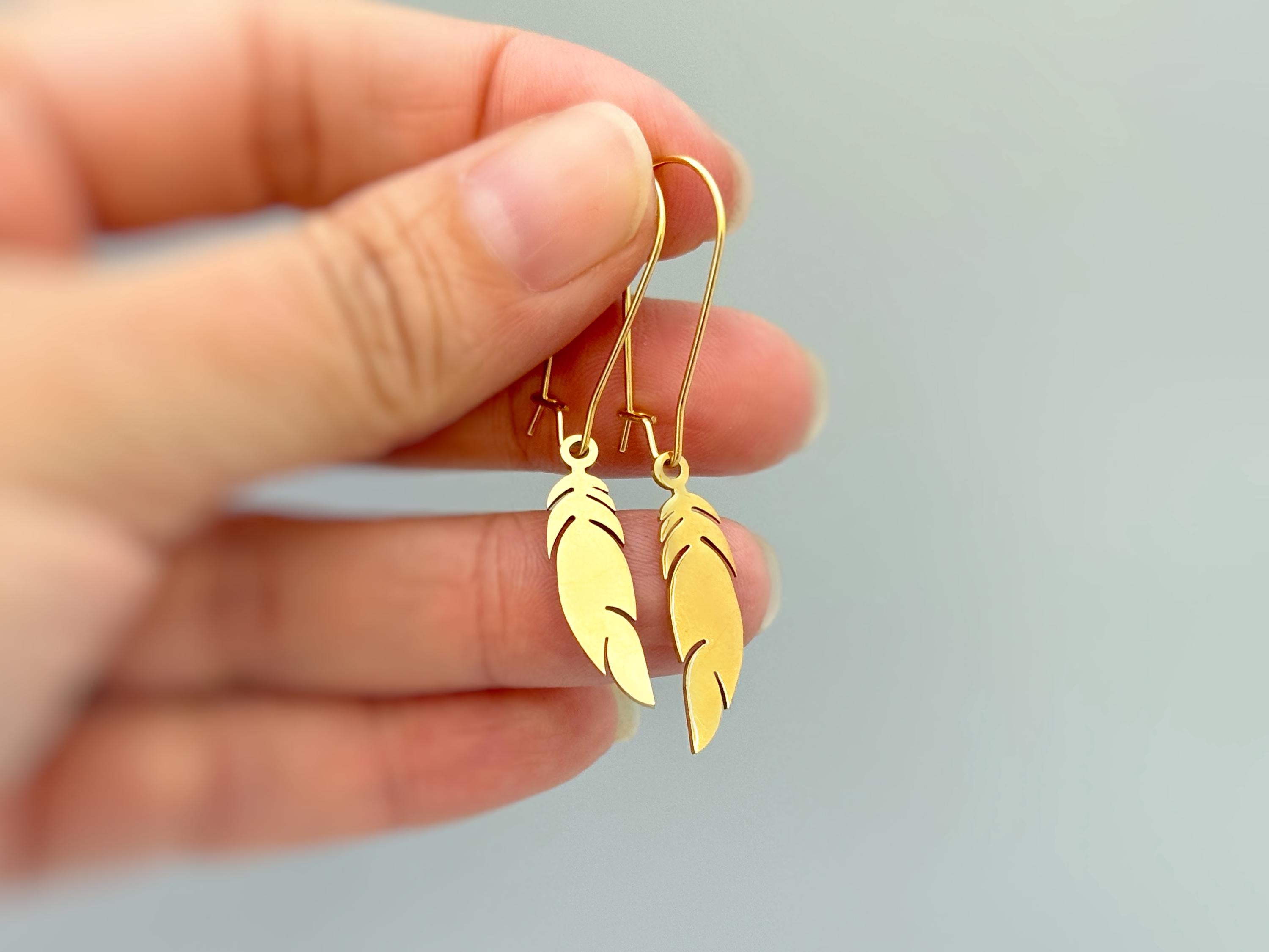 Boho Bird Feather Earrings dangle gold, sterling silver, rose gold feather Jewelry unique gift for mom, sister, daughter nature, bird lover Handmade dangly long earrings for women