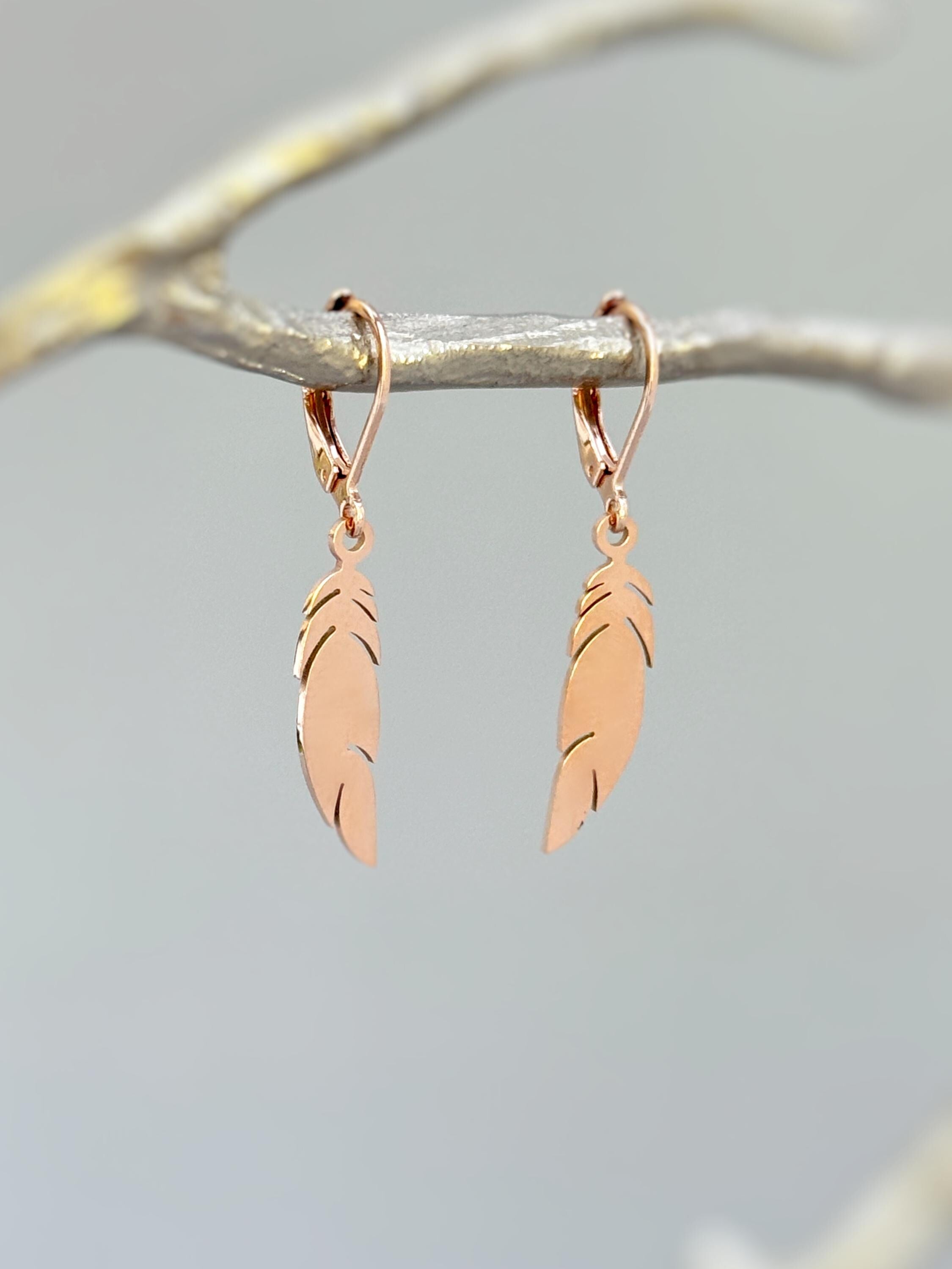 Boho Bird Feather Earrings dangle gold, sterling silver feather Jewelry unique gift for mom, nature, bird lover Handmade dangly long