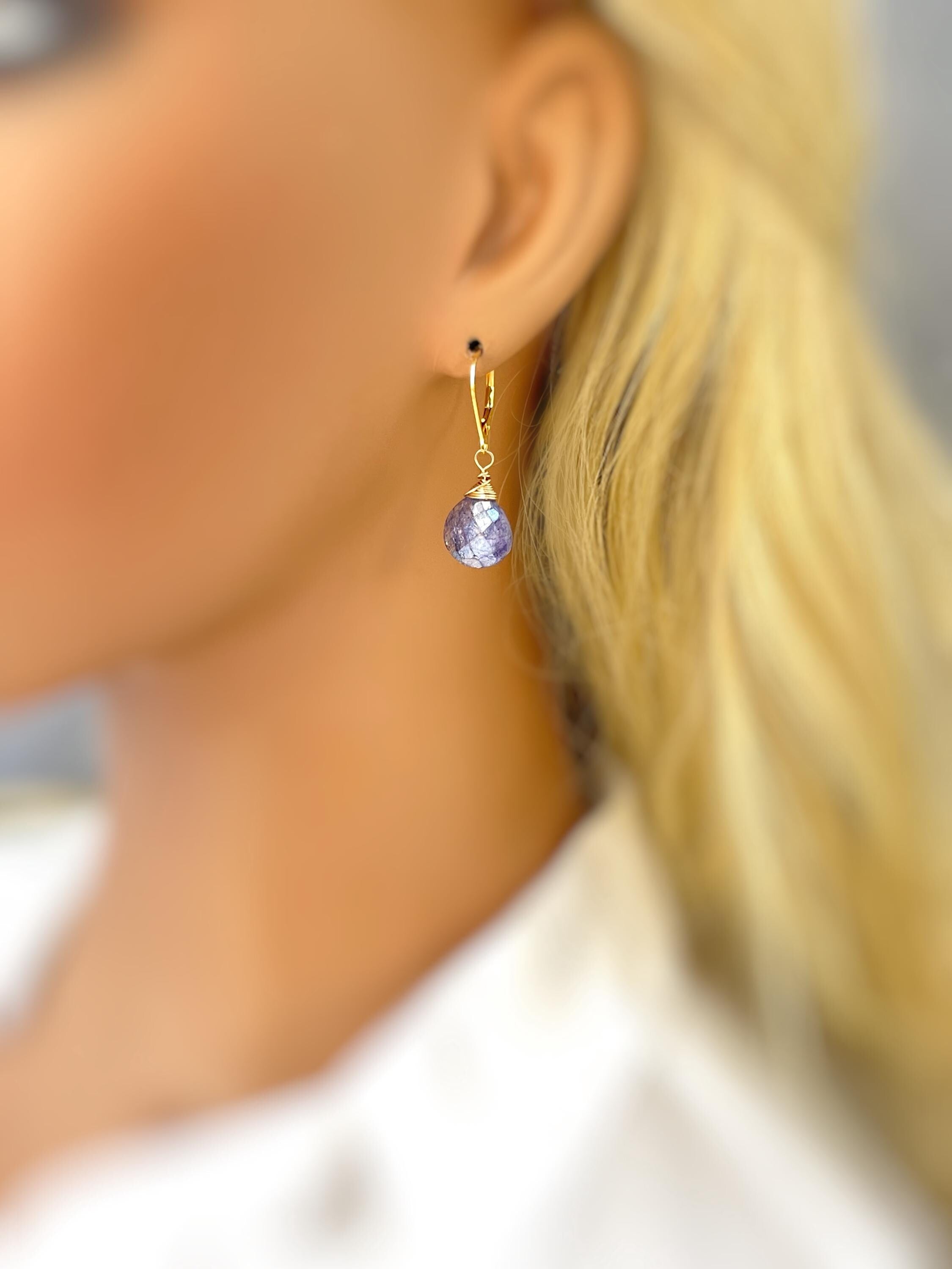 Blue Moonstone Earrings Dangle Gold, Silver Teardrop Leverback Drop Minimalist dangly earrings Handmade Gemstone Jewelry gift for mom, wife