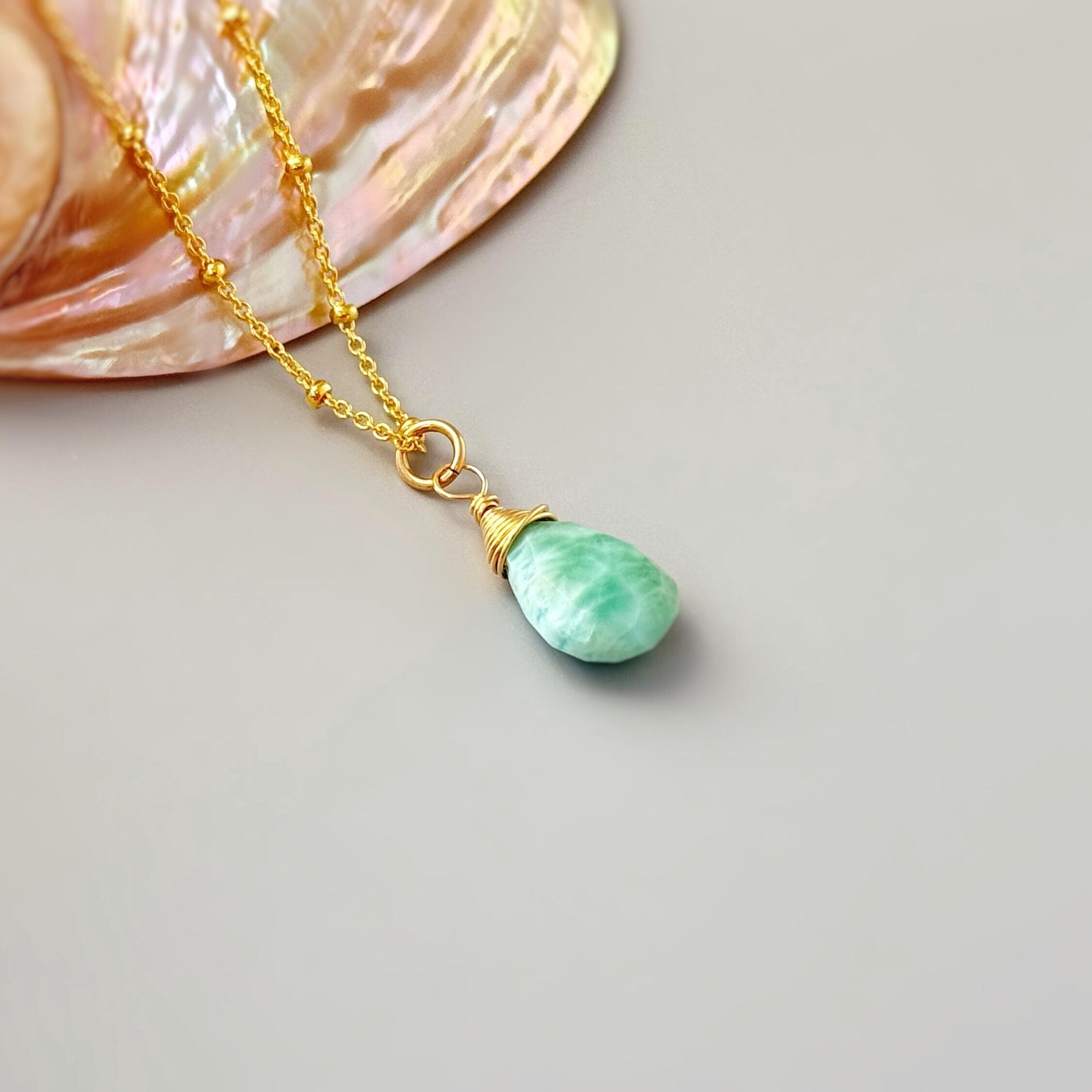 Larimar necklace Gold, Sterling Silver, Rose Gold dainty handmade boho jewelry layering blue gemstone pendant necklace gift for sister, mom