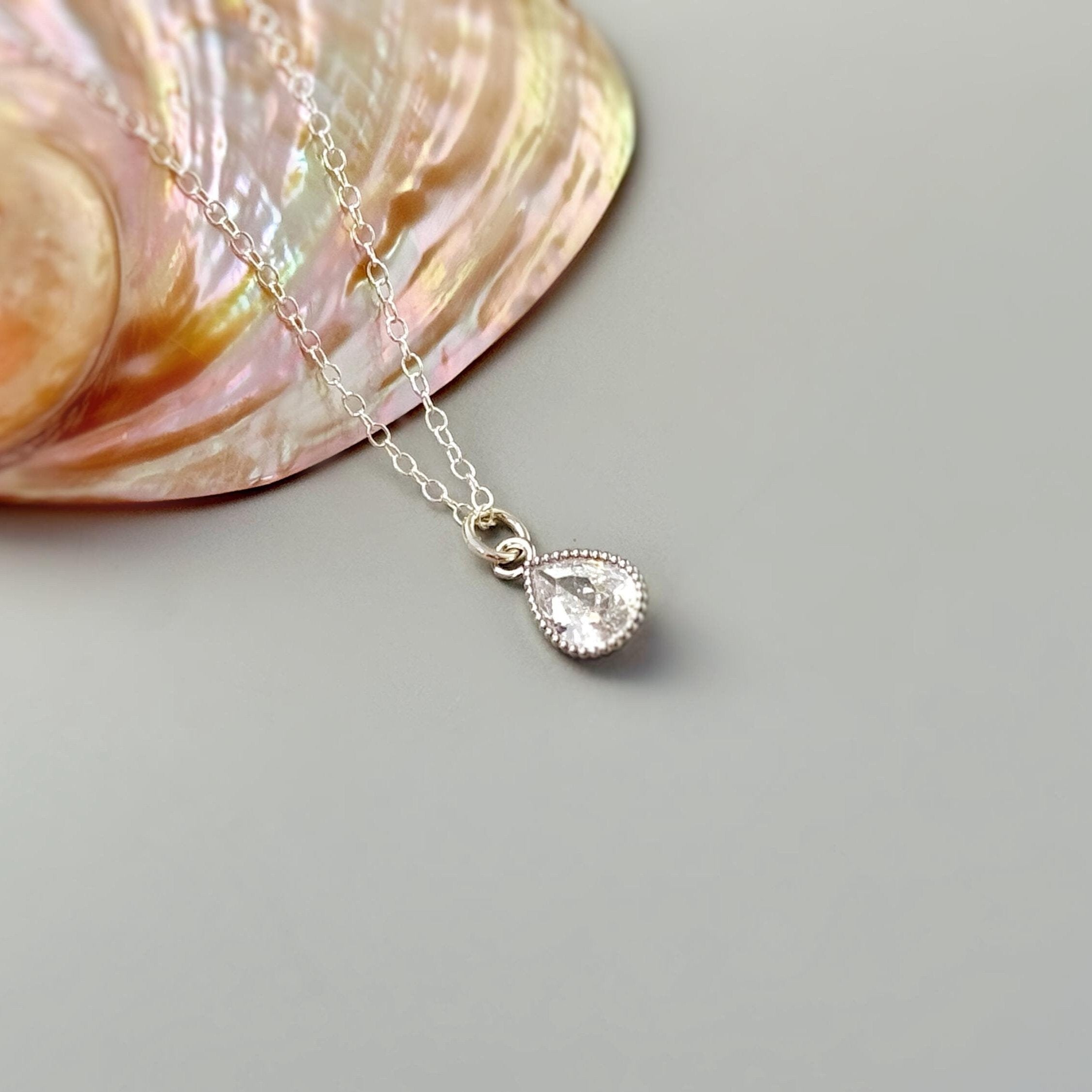 Dainty Silver Crystal Necklace handmade jewelry unique sparkly teardrop boho charm pendant gift for friend, granddaughter, mom, sister, wife