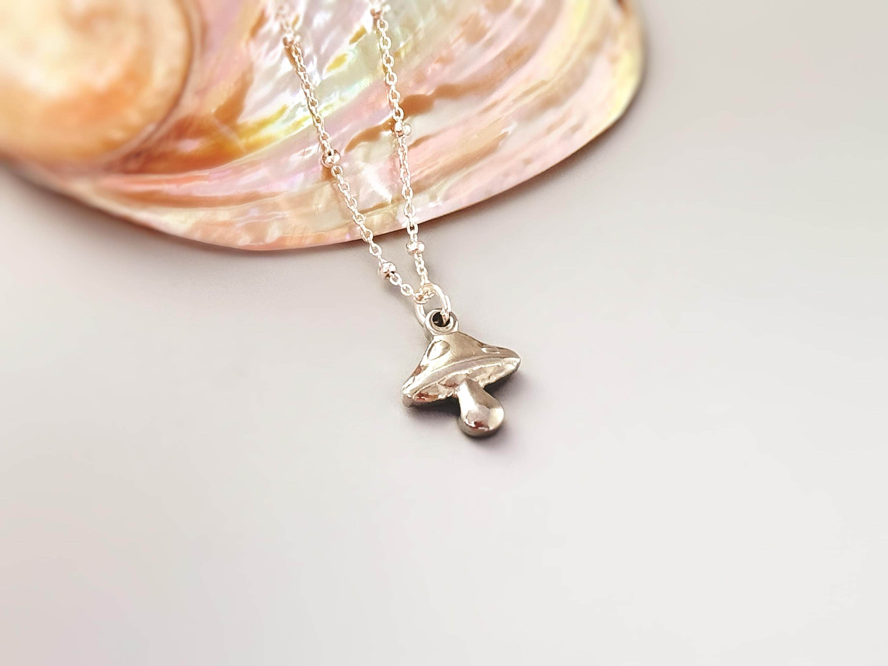 Mushroom Necklace Sterling Silver, Gold handmade cottagecore jewelry fun, unique nature boho charm pendant necklace gift for friend, roommate, sister