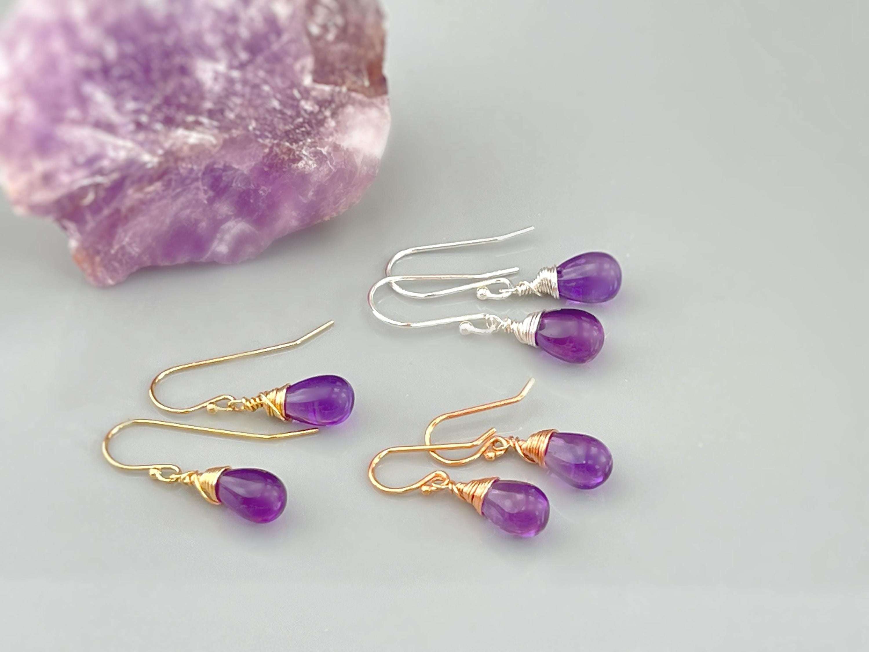 Minimalist Amethyst Gemstone 
 Earrings in sterling silver, 14k gold fill or rose gold fill