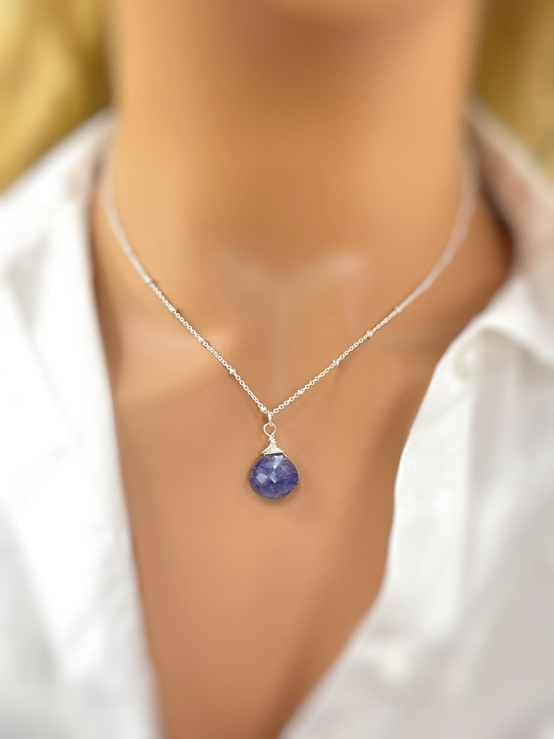 Blue Moonstone Necklace Sterling Silver handmade blue gemstone pendant June birthstone jewelry layering boho necklace gift for mom wife