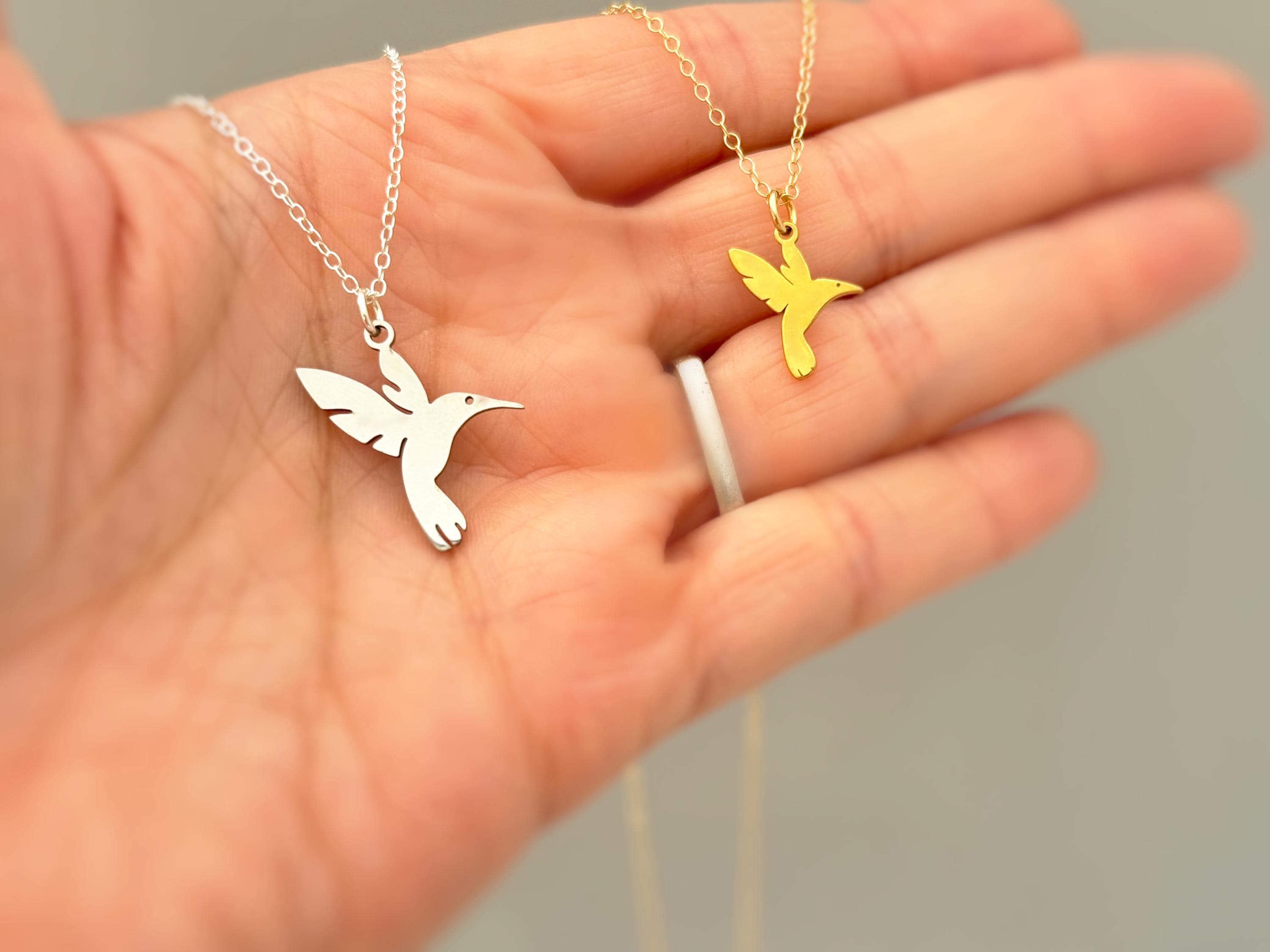 Hummingbird Necklace Silver, Gold handmade bird jewelry fun, unique nature boho charm pendant necklace gift for friend roommate daughter mom