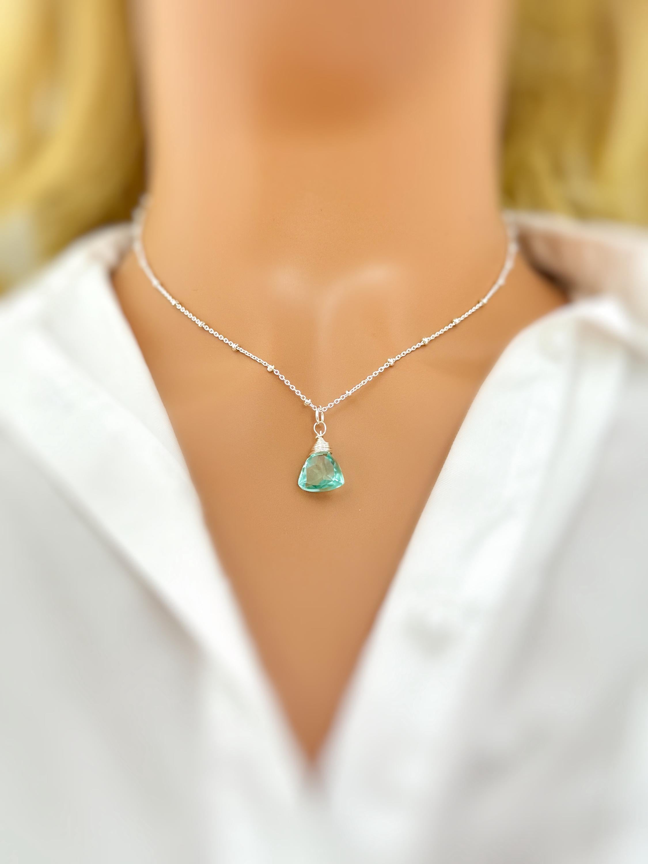 Aquamarine Necklace Handmade gemstone pendant 14k gold fill Rose Gold Sterling Silver aqua quartz Jewelry layering necklace March Birthstone