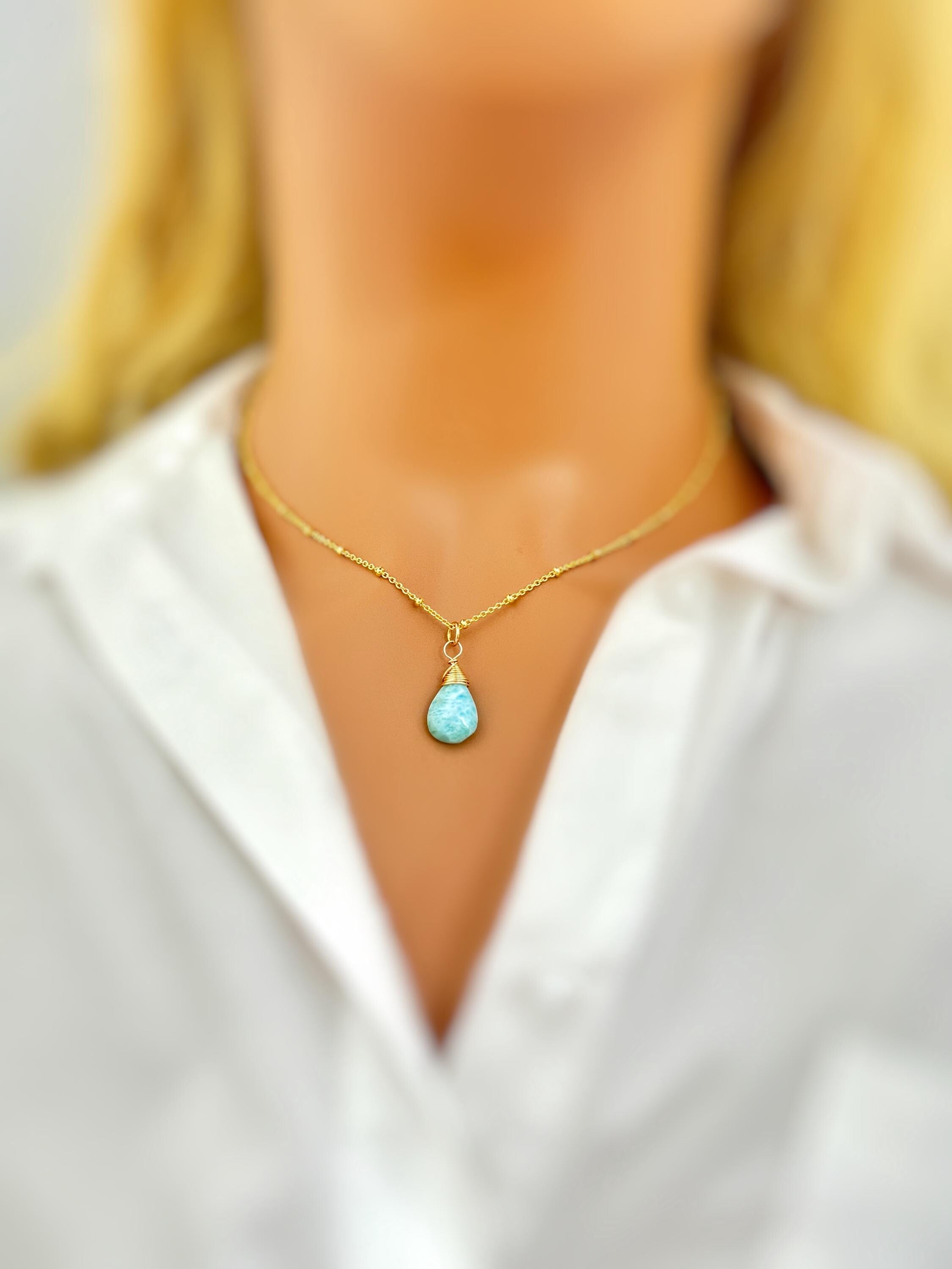 Larimar pendant necklace Gold, Sterling Silver, Rose Gold dainty handmade boho jewelry layering blue gemstone jewelry gift for sister, mom