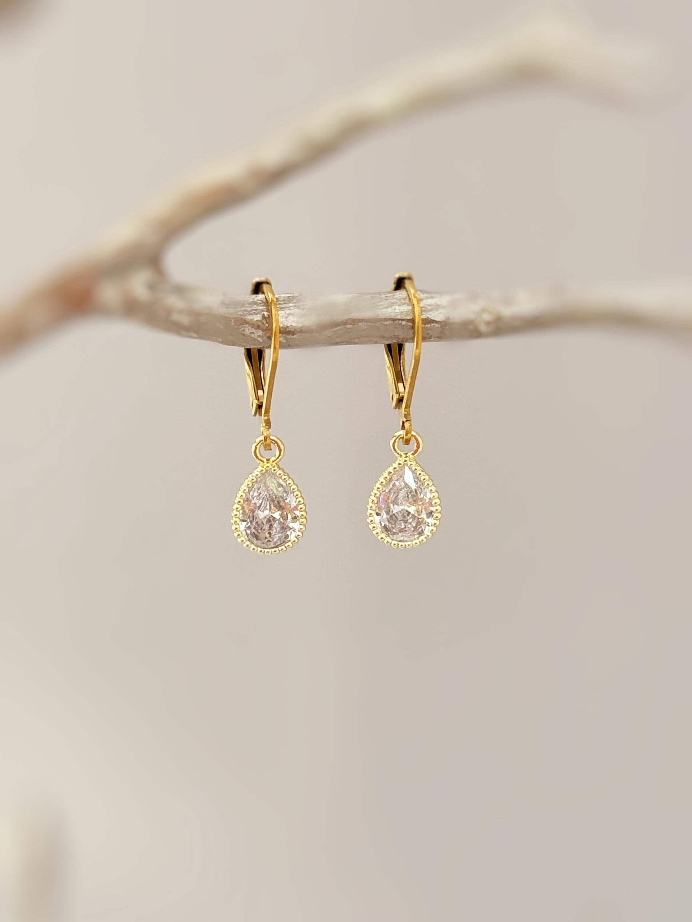 Dainty Crystal Earrings dangle 14k gold, silver teardrop leverback boho handmade jewelry sparkly earrings gift for sister, friend, wife, mom