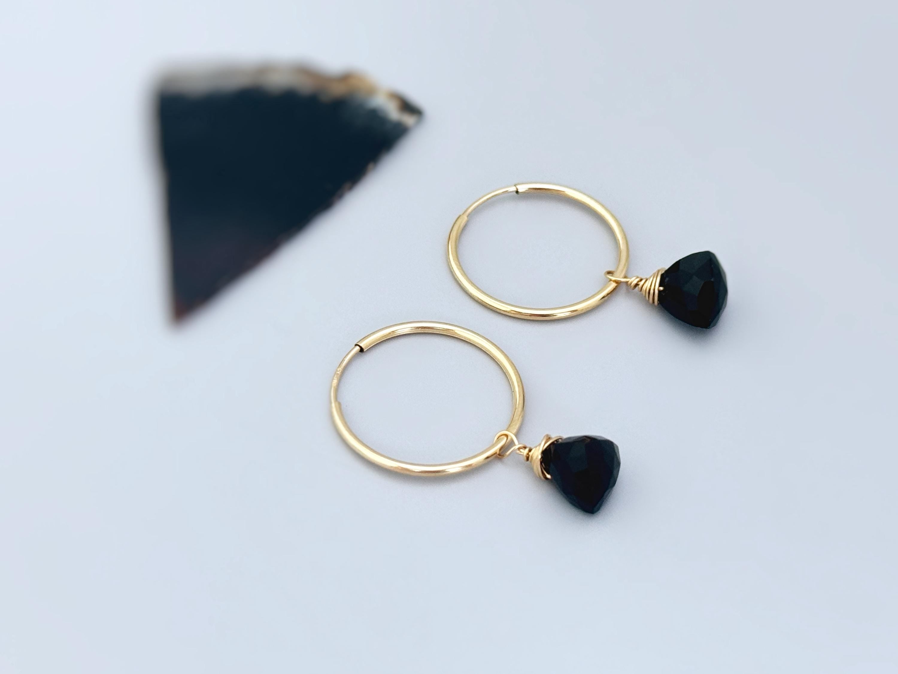 Onyx Hoop Earrings Dangle 14k Gold, Sterling Silver, Rose Gold, Handmade dainty black gemstone crystal formal jewelry for women