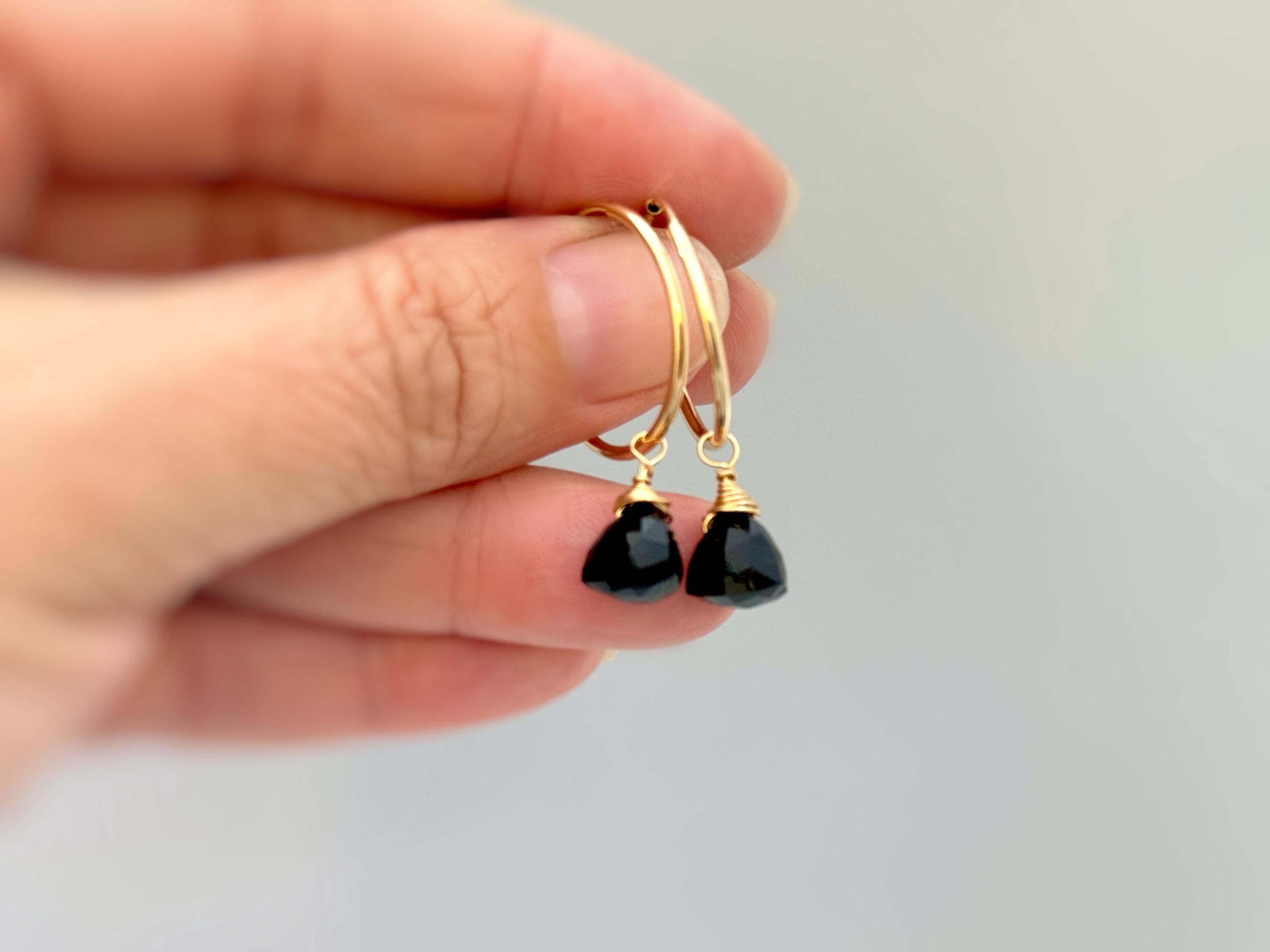 Onyx Hoop Earrings Dangle 14k Gold, Sterling Silver, Rose Gold, Handmade dainty black gemstone crystal formal jewelry for women