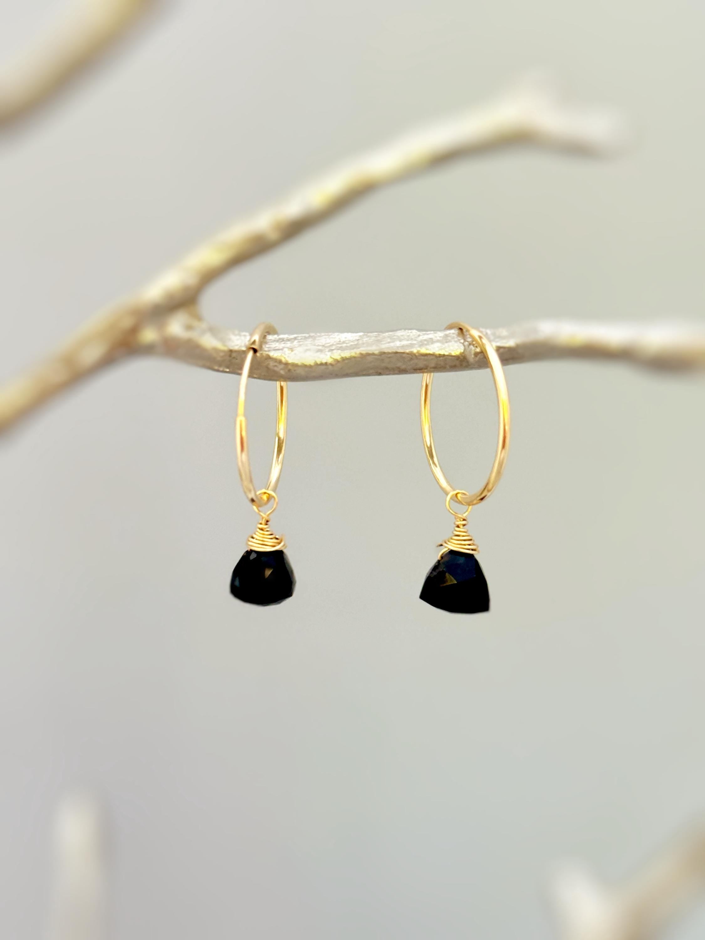 Onyx Hoop Earrings Dangle 14k Gold, Sterling Silver, Rose Gold, Handmade dainty black gemstone crystal formal jewelry for women