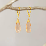 Morganite Earrings 14k Gold dangle pink peach champagne silver, rose gold tear drop dangly crystal earrings handmade Jewelry gift for wife