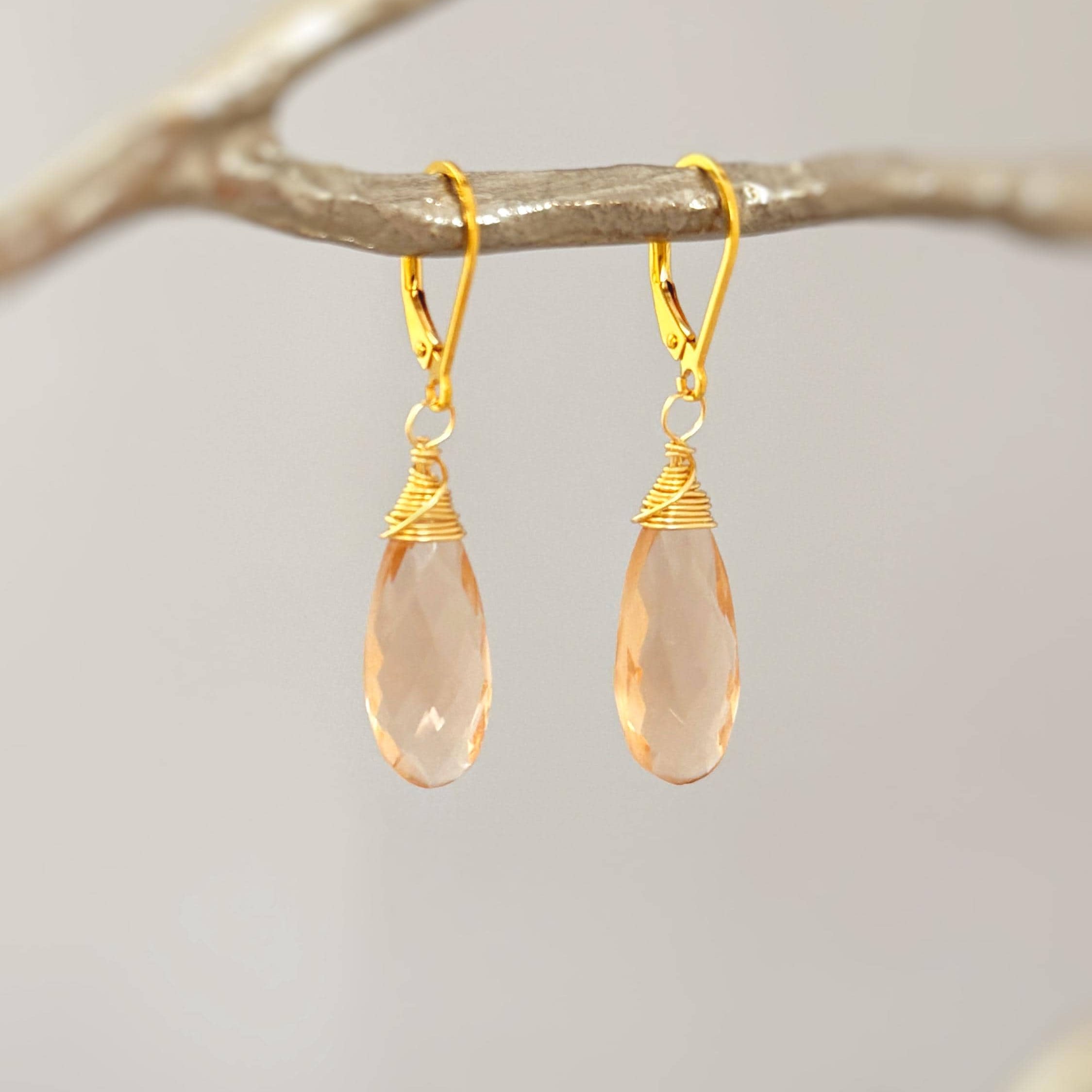 Morganite Earrings 14k Gold dangle pink peach champagne silver, rose gold tear drop dangly crystal earrings handmade Jewelry gift for wife