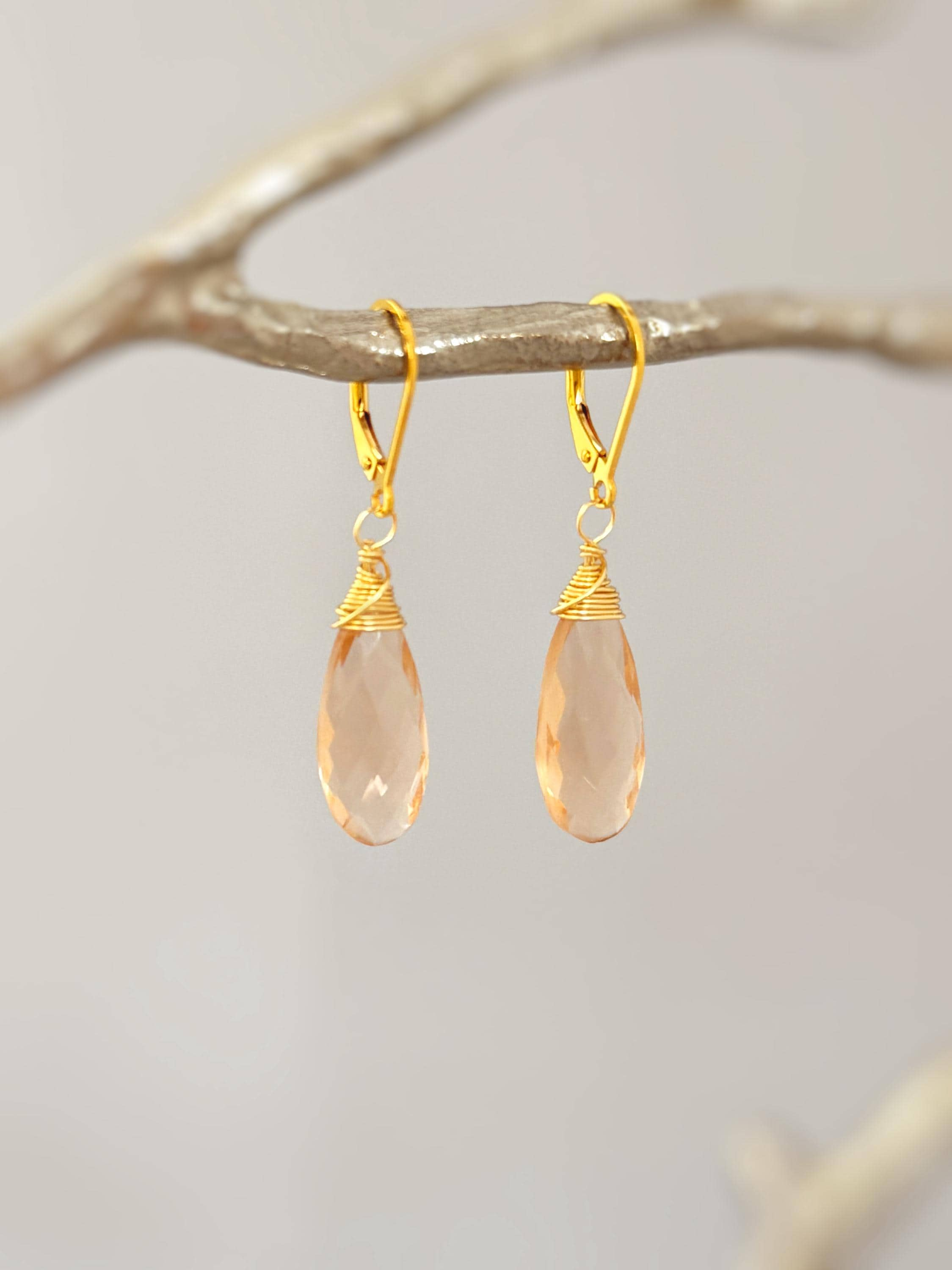 Morganite Earrings 14k Gold dangle pink peach champagne silver, rose gold tear drop dangly crystal earrings handmade Jewelry gift for wife