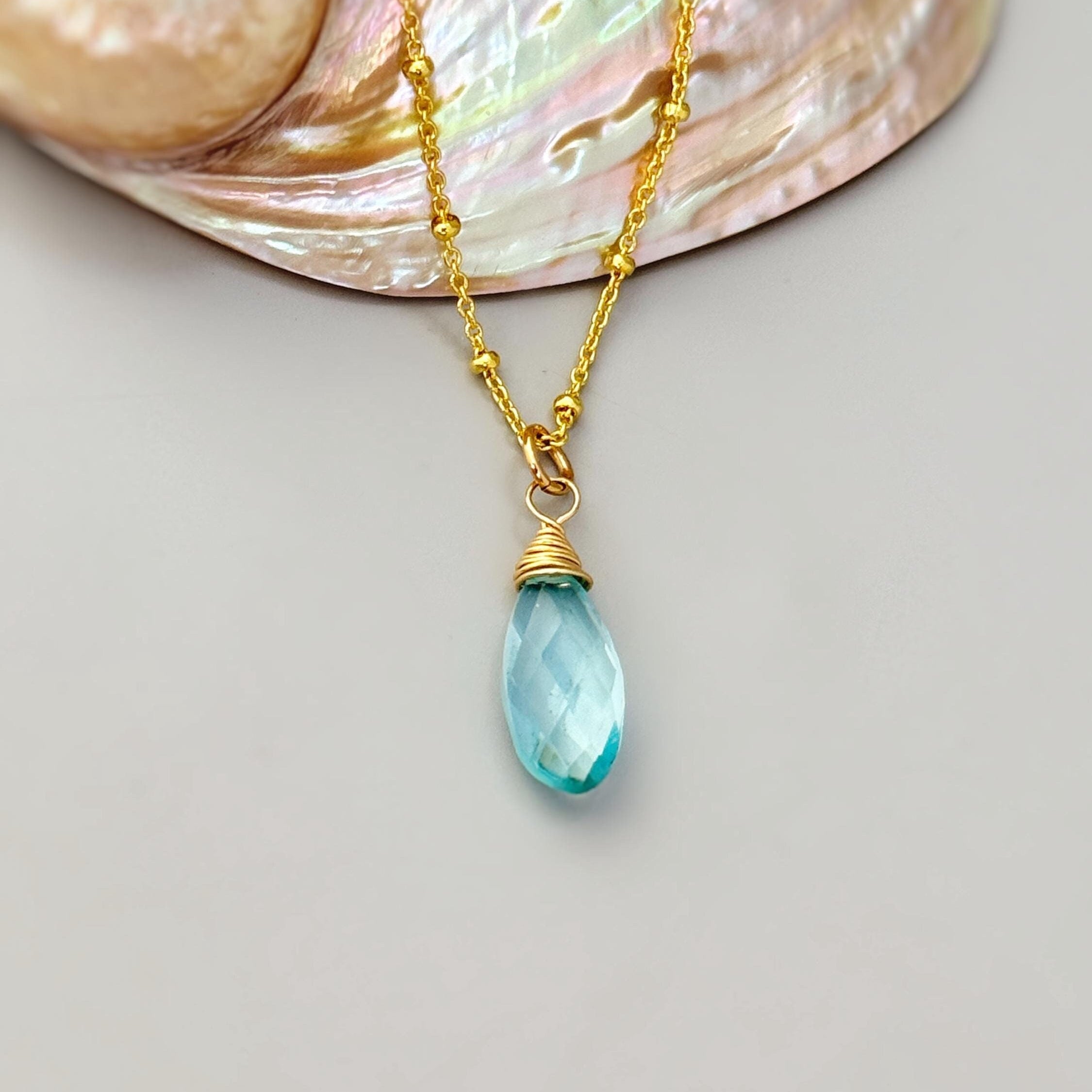 Aquamarine Necklace 14k Gold, Silver, Rose Gold Handmade gemstone layering pendant blue quartz Jewelry March birthstone gift for mom, wife