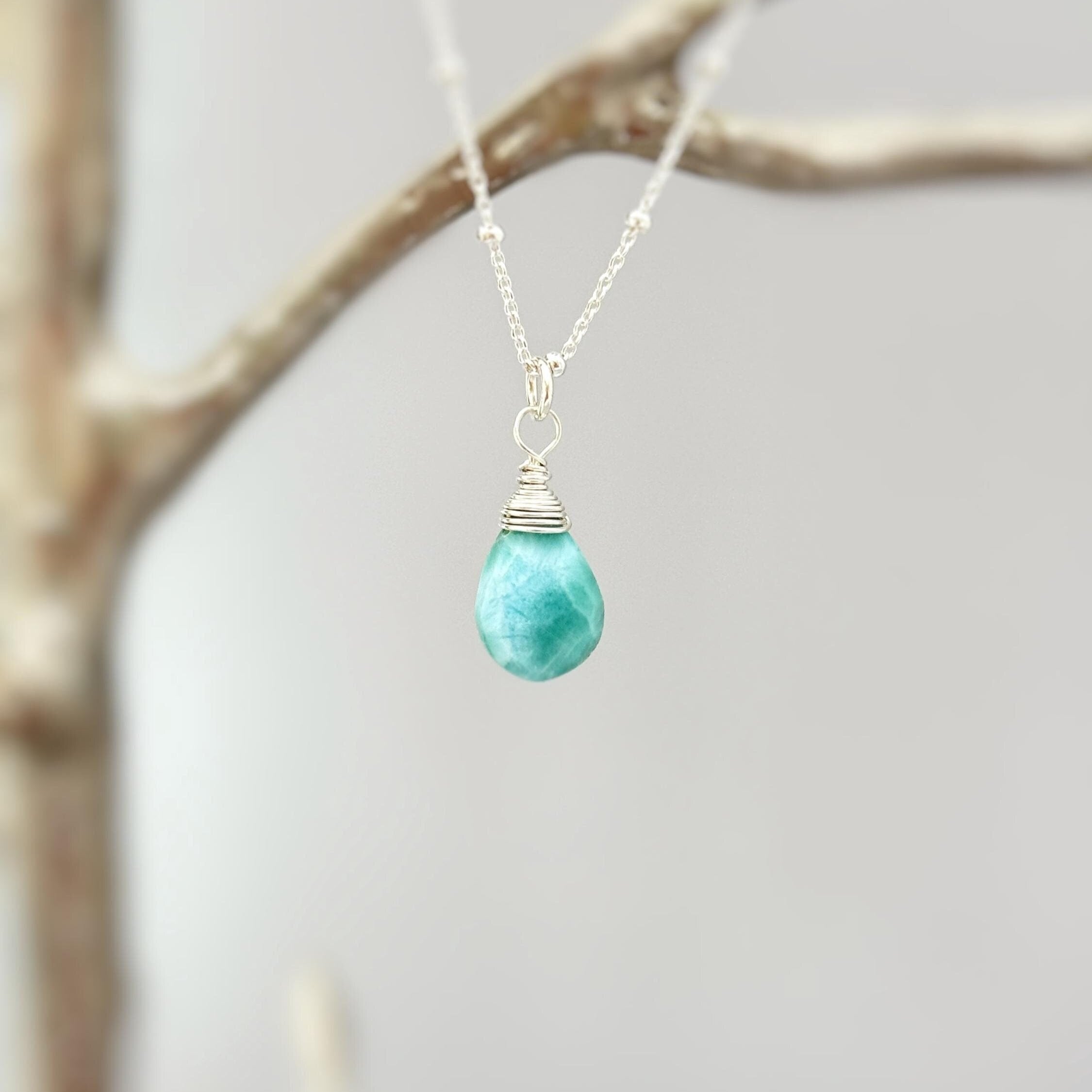 Larimar necklace Sterling Silver, 14k gold, Rose Gold dainty handmade boho jewelry layering blue gemstone pendant necklace gift for sister, mom