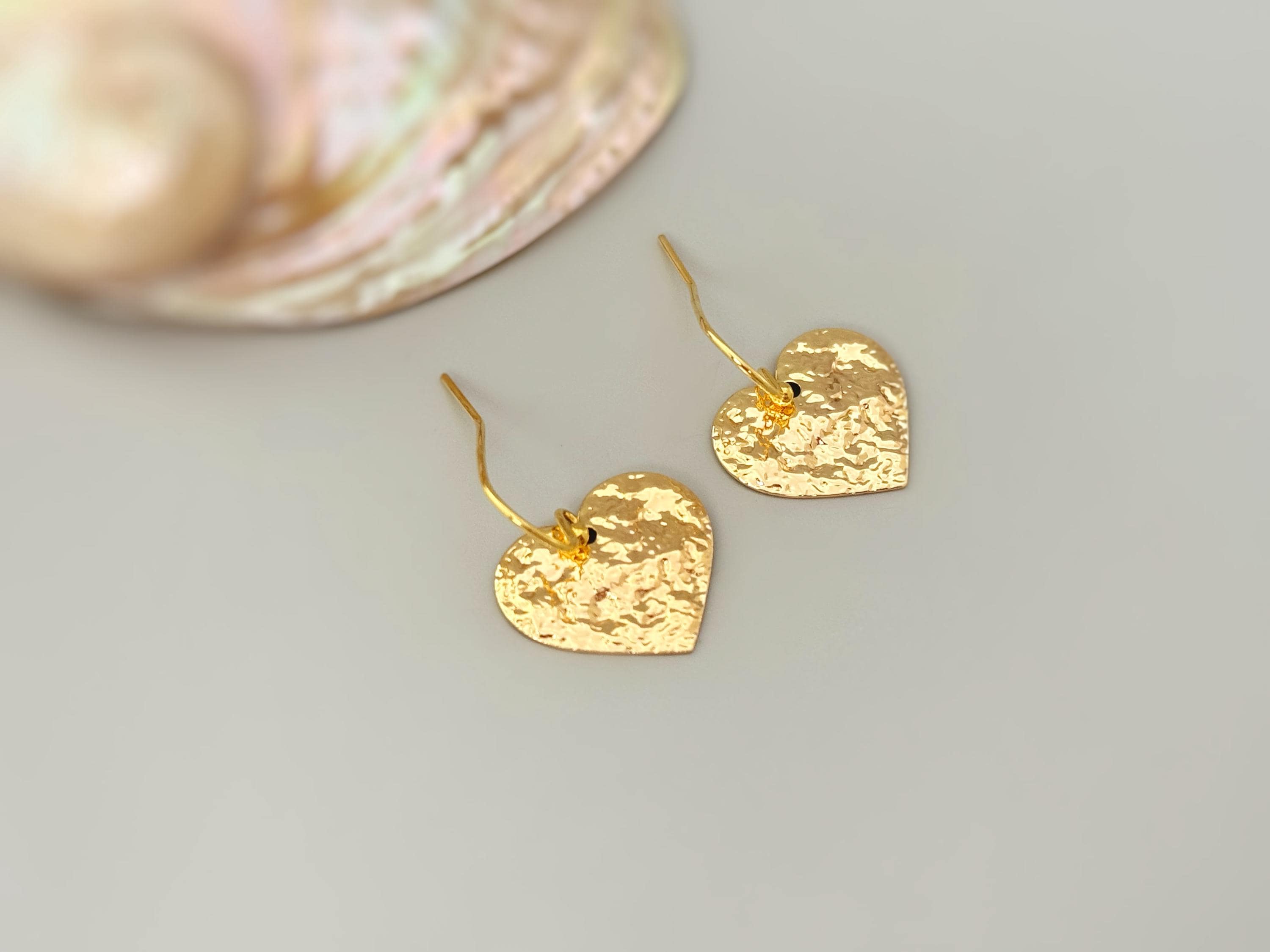 Heart Earrings Gold dangle drop 18k sparkly boho handmade lightweight heart jewelry romantic gift for wife, girlfriend, mom, sister