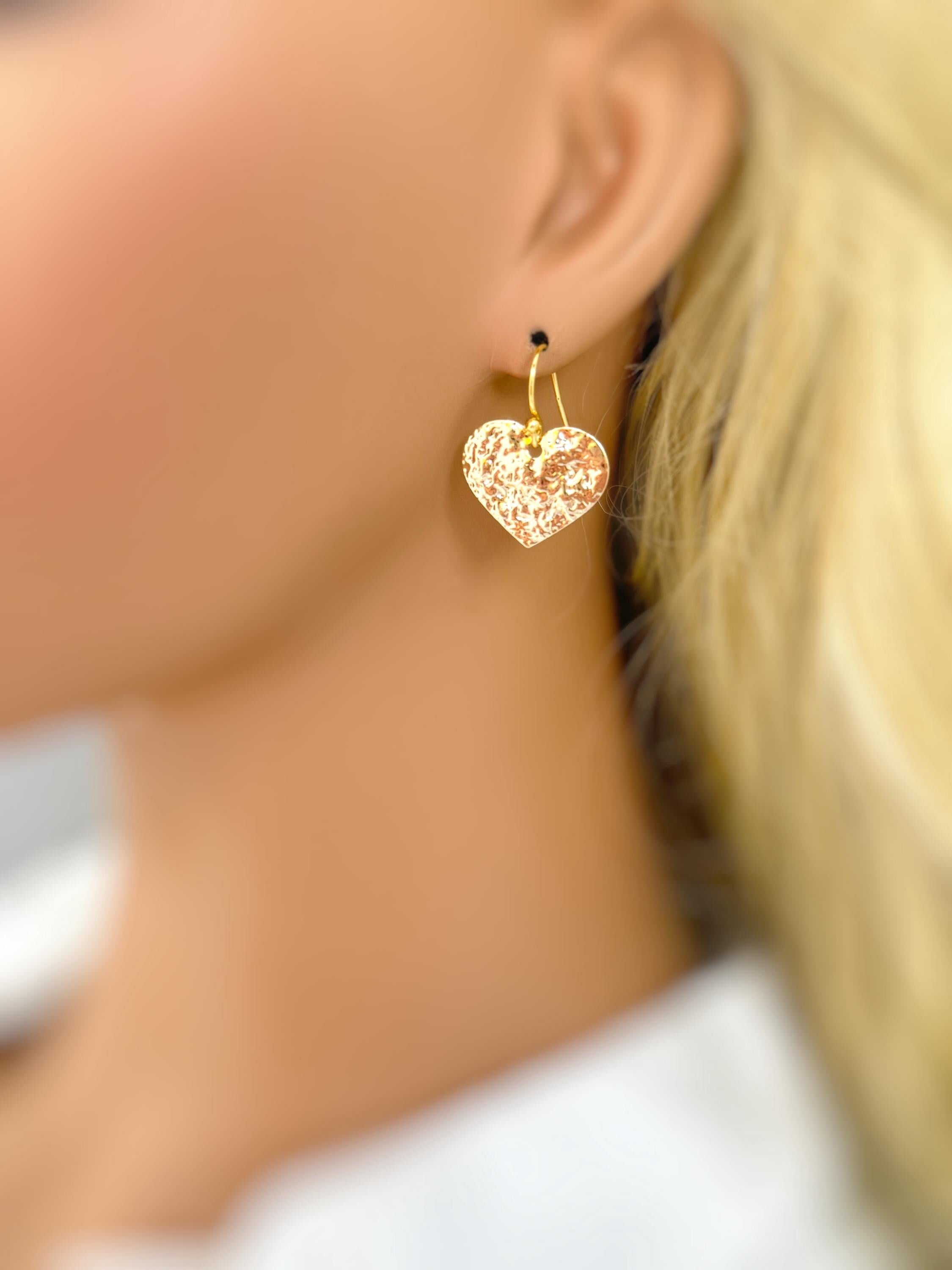 Heart Earrings Gold dangle drop 18k sparkly boho handmade lightweight heart jewelry romantic gift for wife, girlfriend, mom, sister