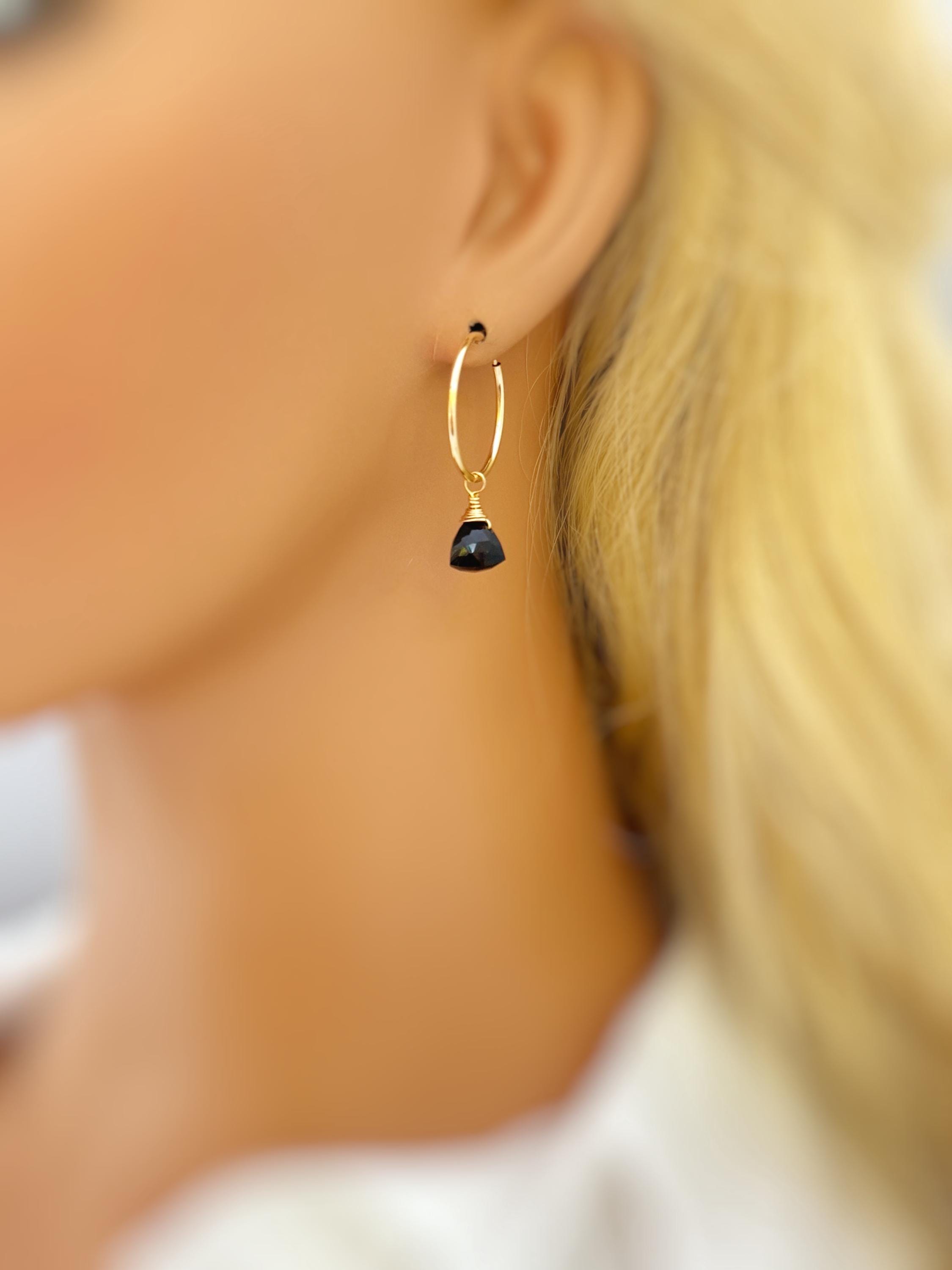 Onyx Hoop Earrings Dangle 14k Gold, Sterling Silver, Rose Gold, Handmade dainty black gemstone crystal formal jewelry for women