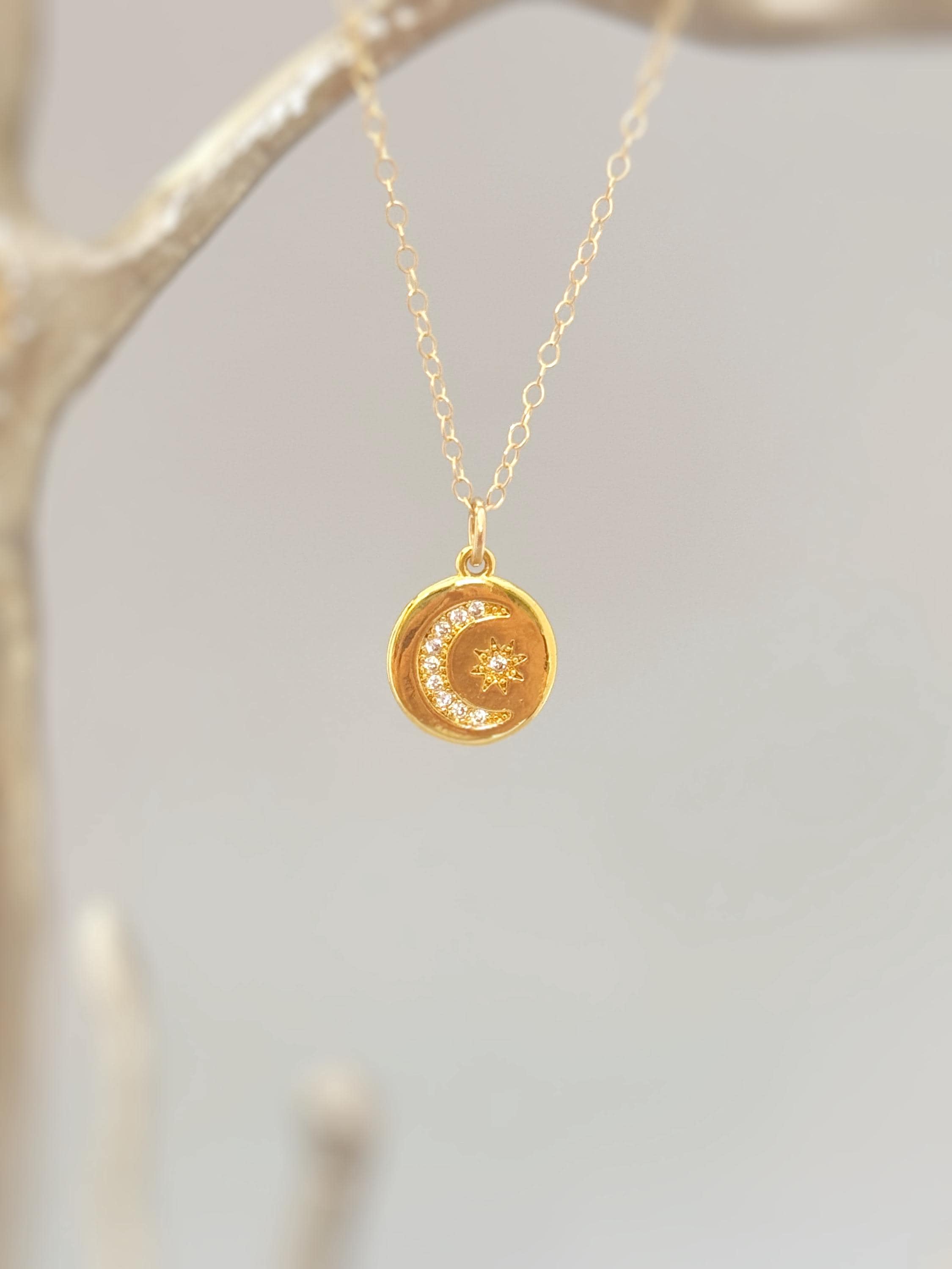 Crystal Crescent Moon Celestial Necklace gold handmade boho jewelry sparkly north star pendant gift for friend, roommate, daughter, sister