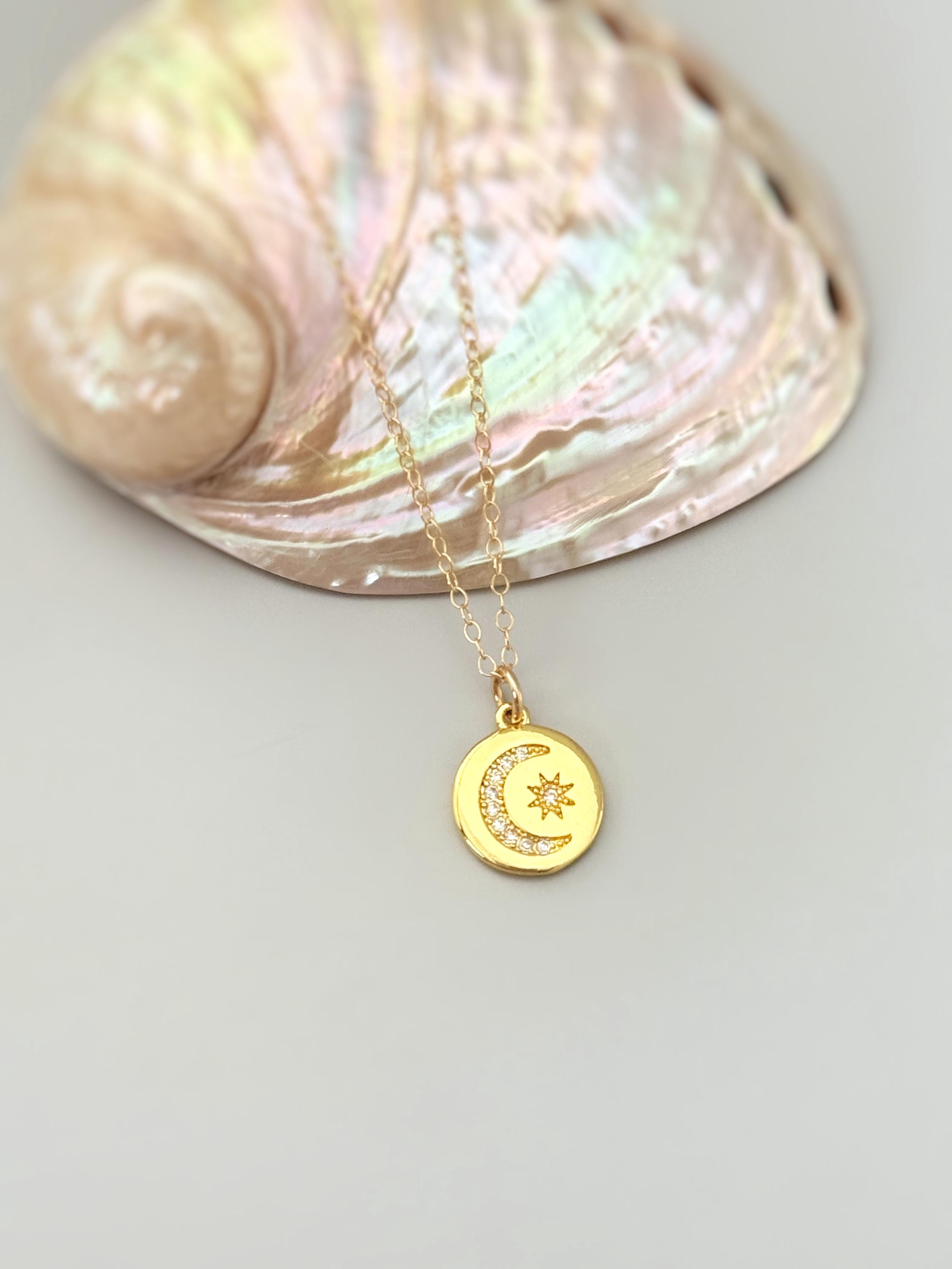 Crystal Crescent Moon Celestial Necklace gold handmade boho jewelry sparkly north star pendant gift for friend, roommate, daughter, sister