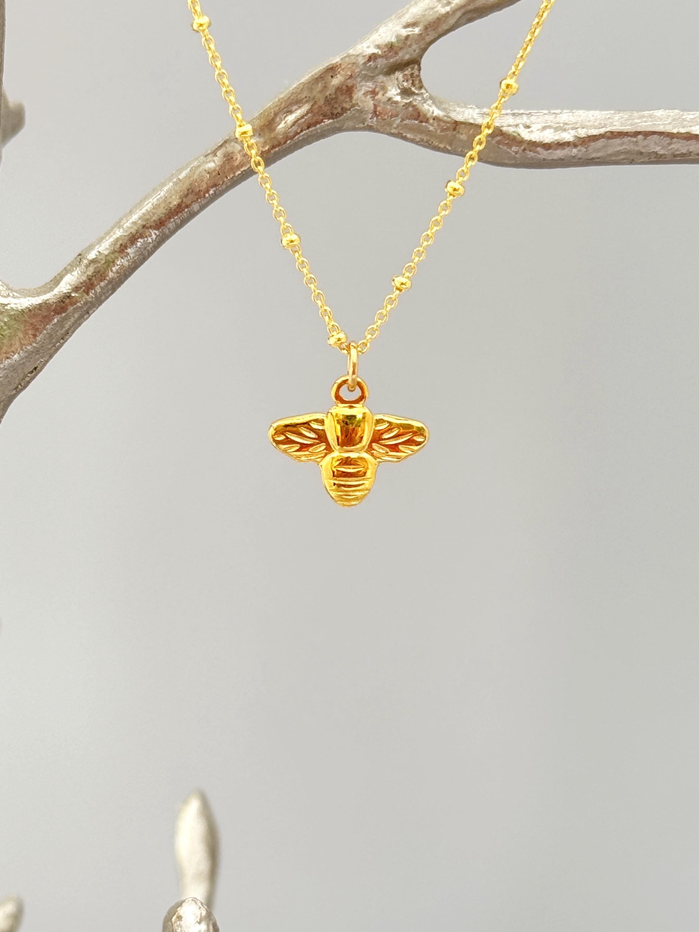 Dainty Honey Bee Necklace Gold, Sterling Silver
