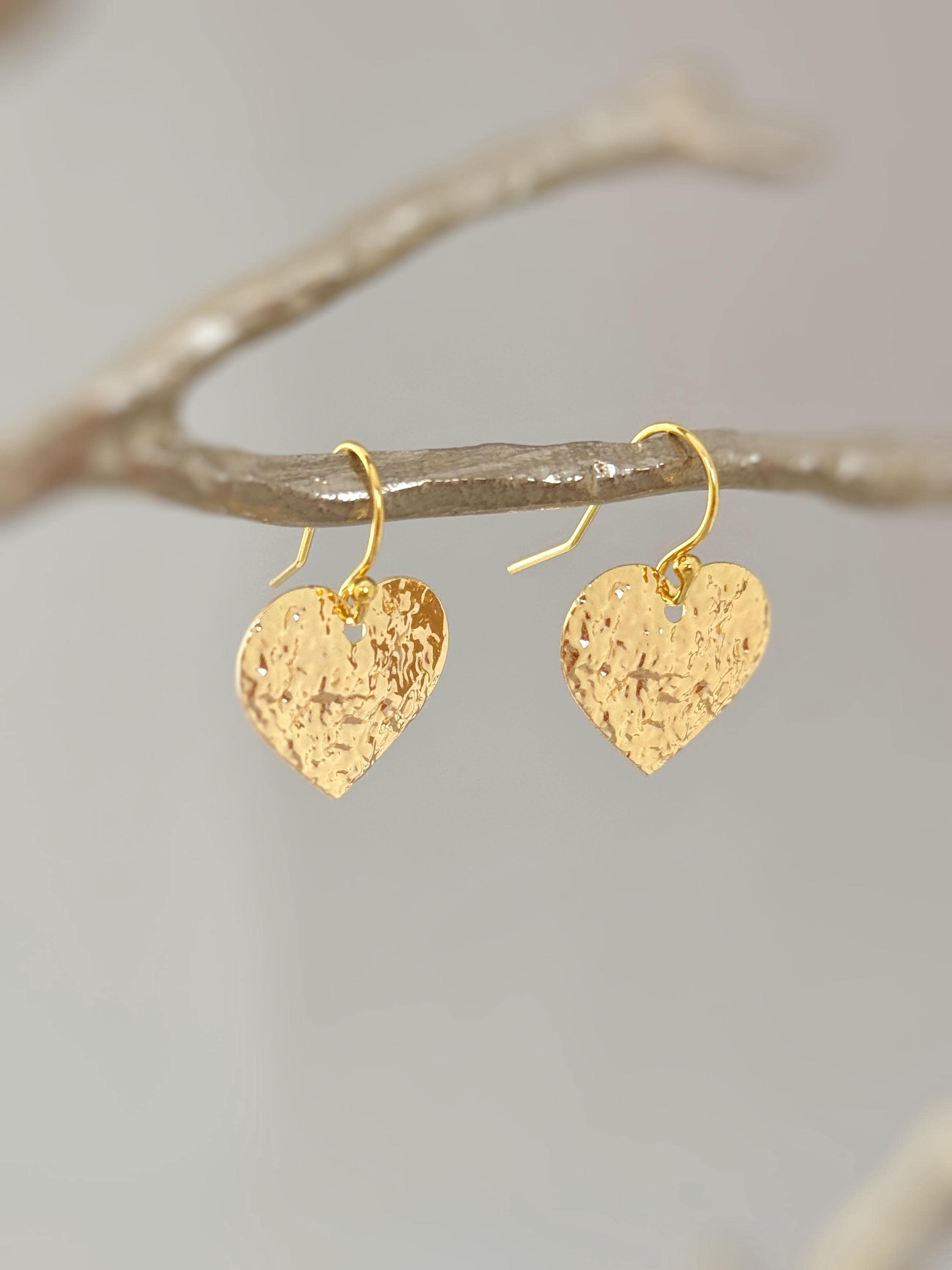 Heart Earrings Gold dangle drop 18k sparkly boho handmade lightweight heart jewelry romantic gift for wife, girlfriend, mom, sister