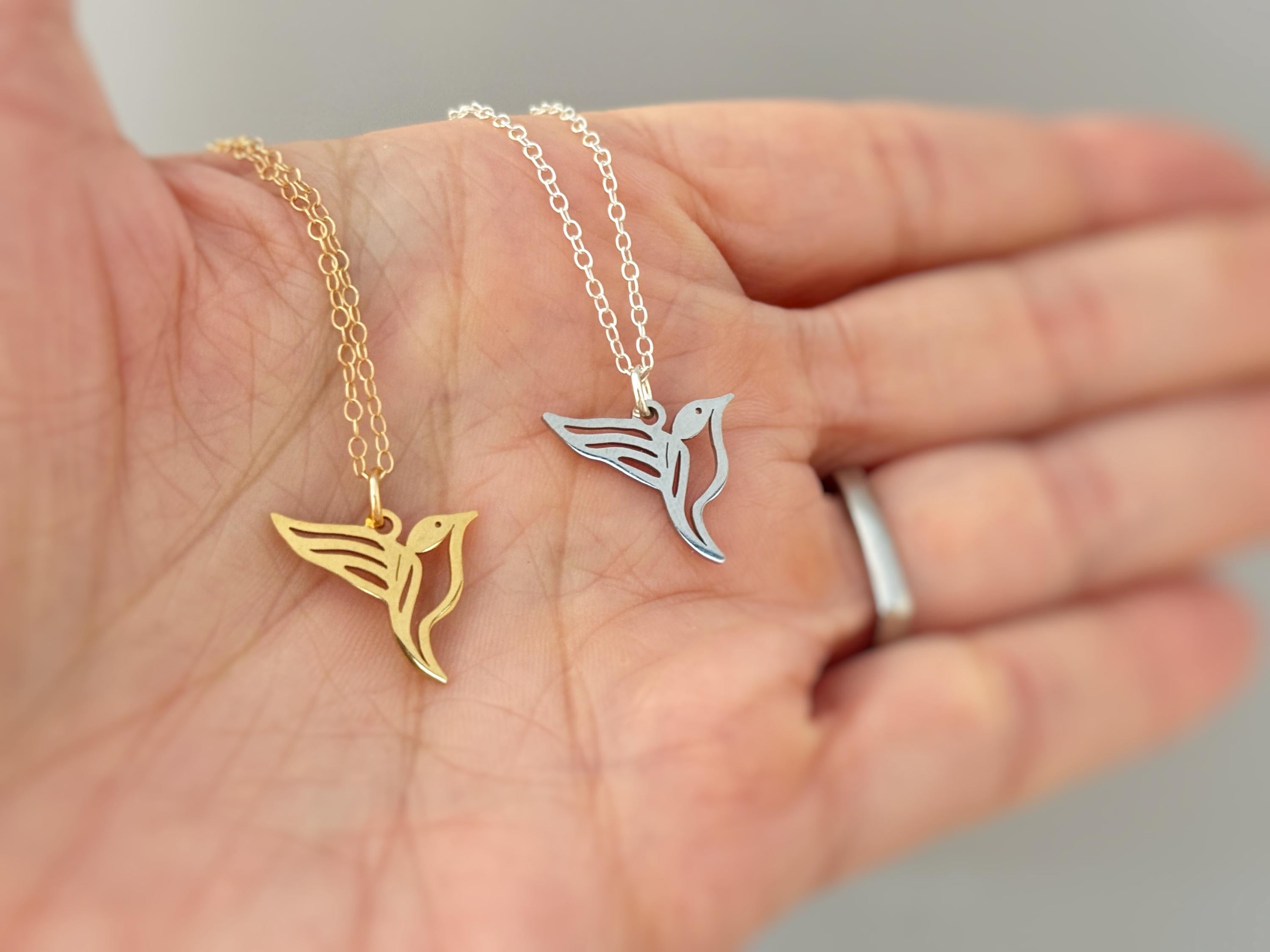 Hummingbird Necklace Sterling Silver Gold handmade jewelry unique nature boho charm pendant necklace gift for bird lover friend daughter mom