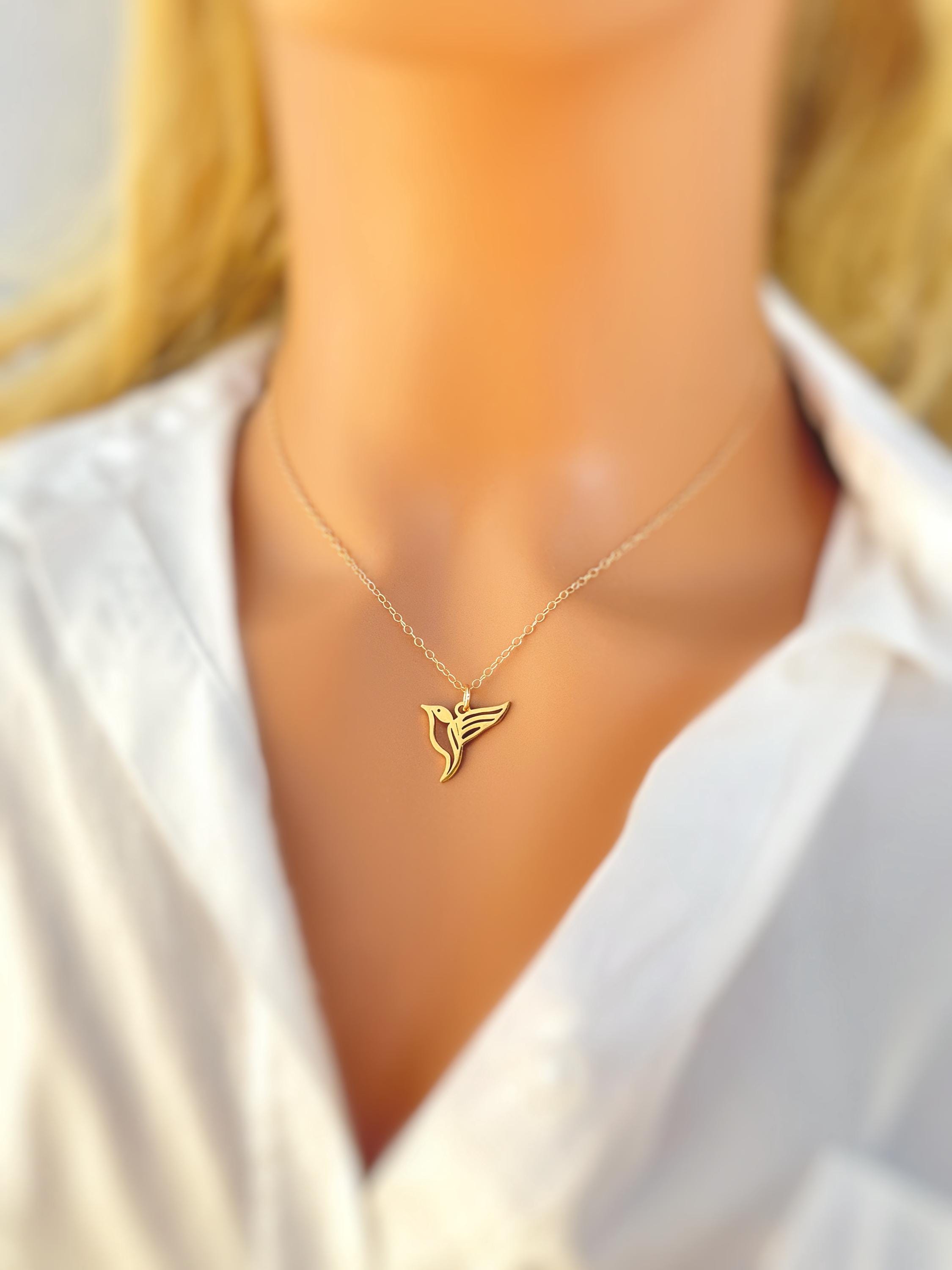 Hummingbird Necklace Sterling Silver Gold handmade jewelry unique nature boho charm pendant necklace gift for bird lover friend daughter mom