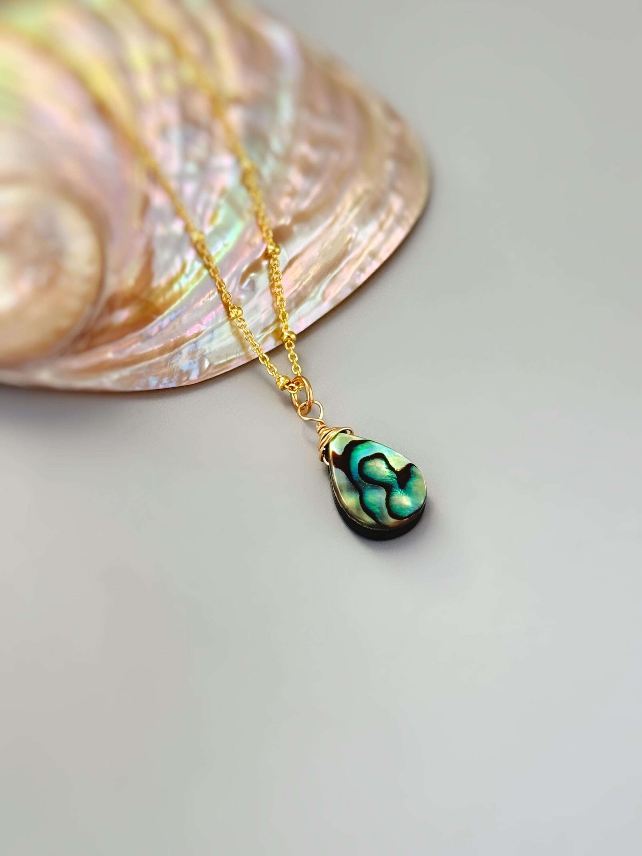 Abalone Necklace shell pendant 14k gold fill, Rose Gold, Sterling Silver iridescent summer beach jewelry layering necklace for women