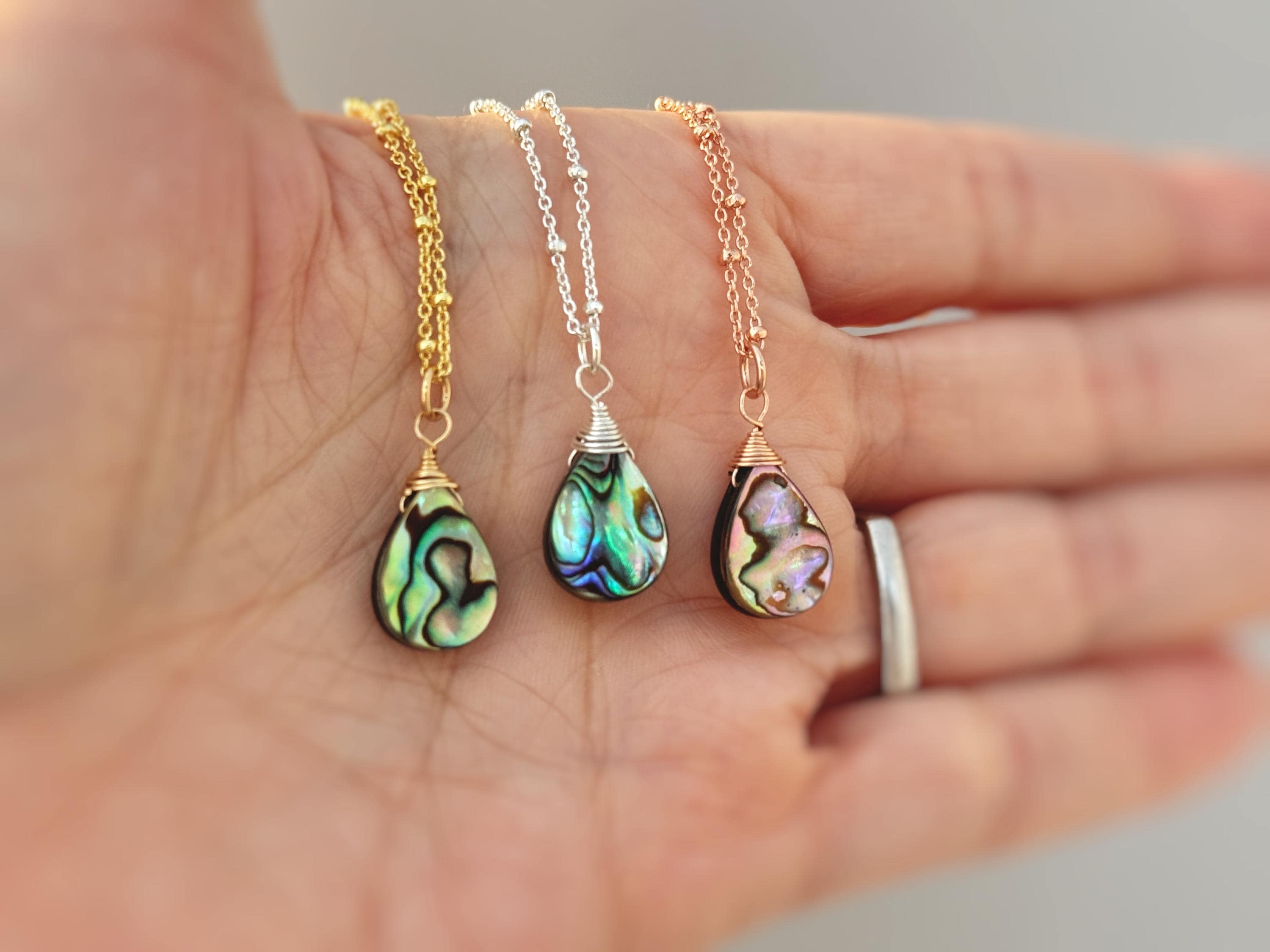 Abalone Necklace shell pendant 14k gold fill, Rose Gold, Sterling Silver iridescent summer beach jewelry layering necklace for women