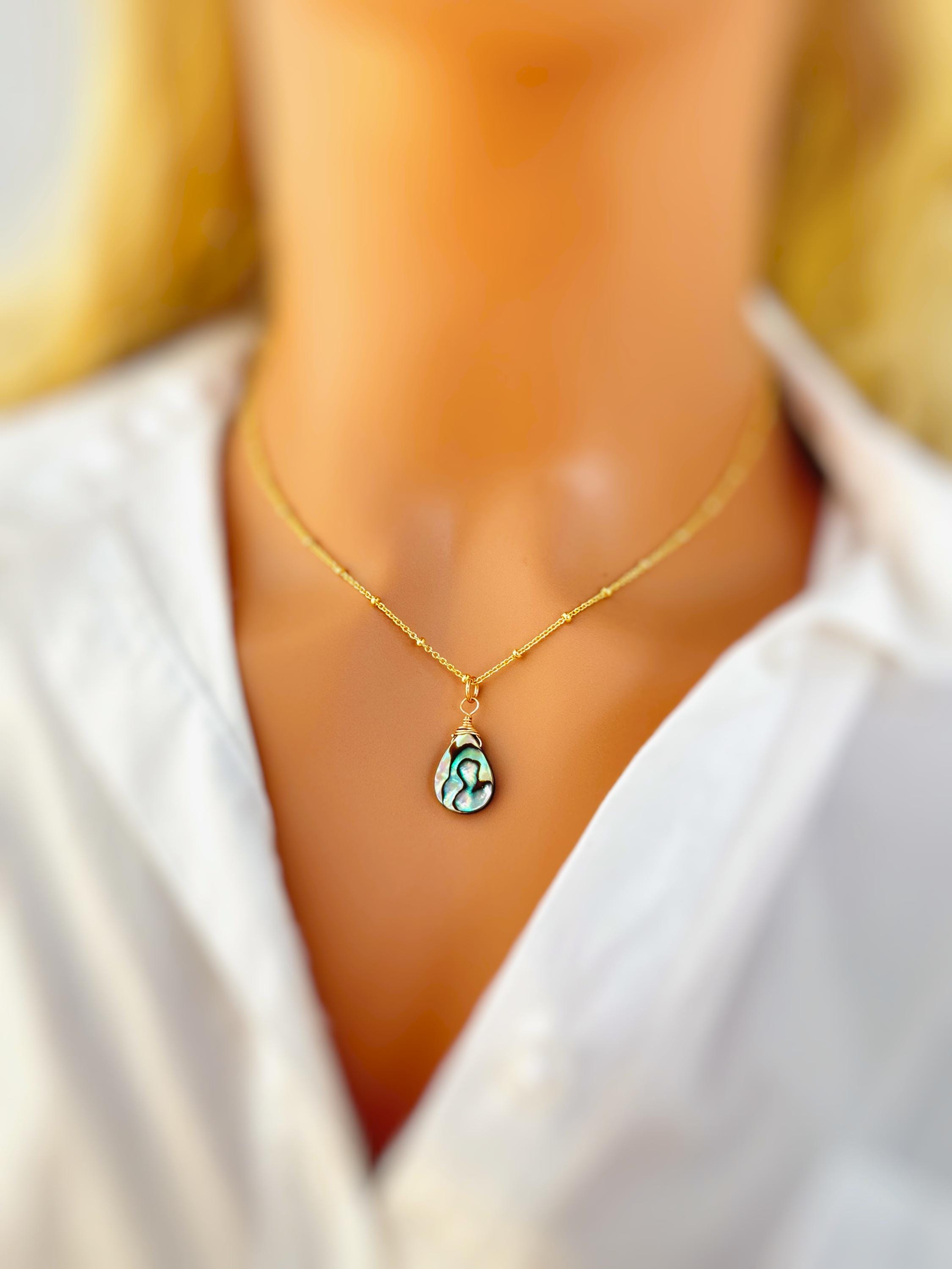 Abalone Necklace shell pendant 14k gold fill, Rose Gold, Sterling Silver iridescent summer beach jewelry layering necklace for women