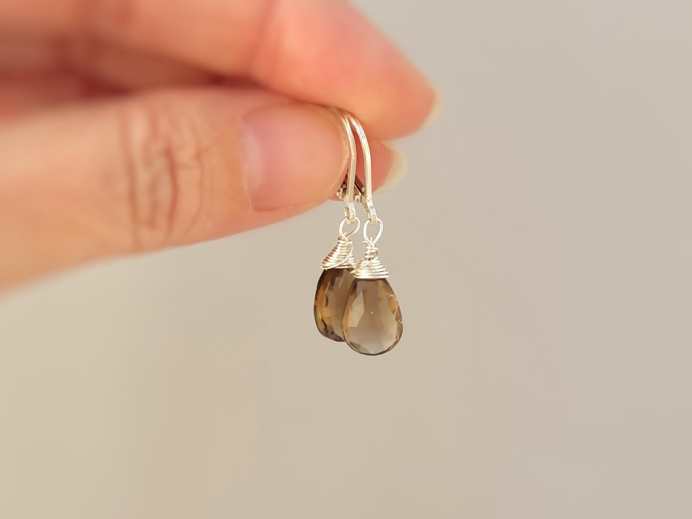 Dainty Smoky Quartz Earrings 14k gold, Sterling silver