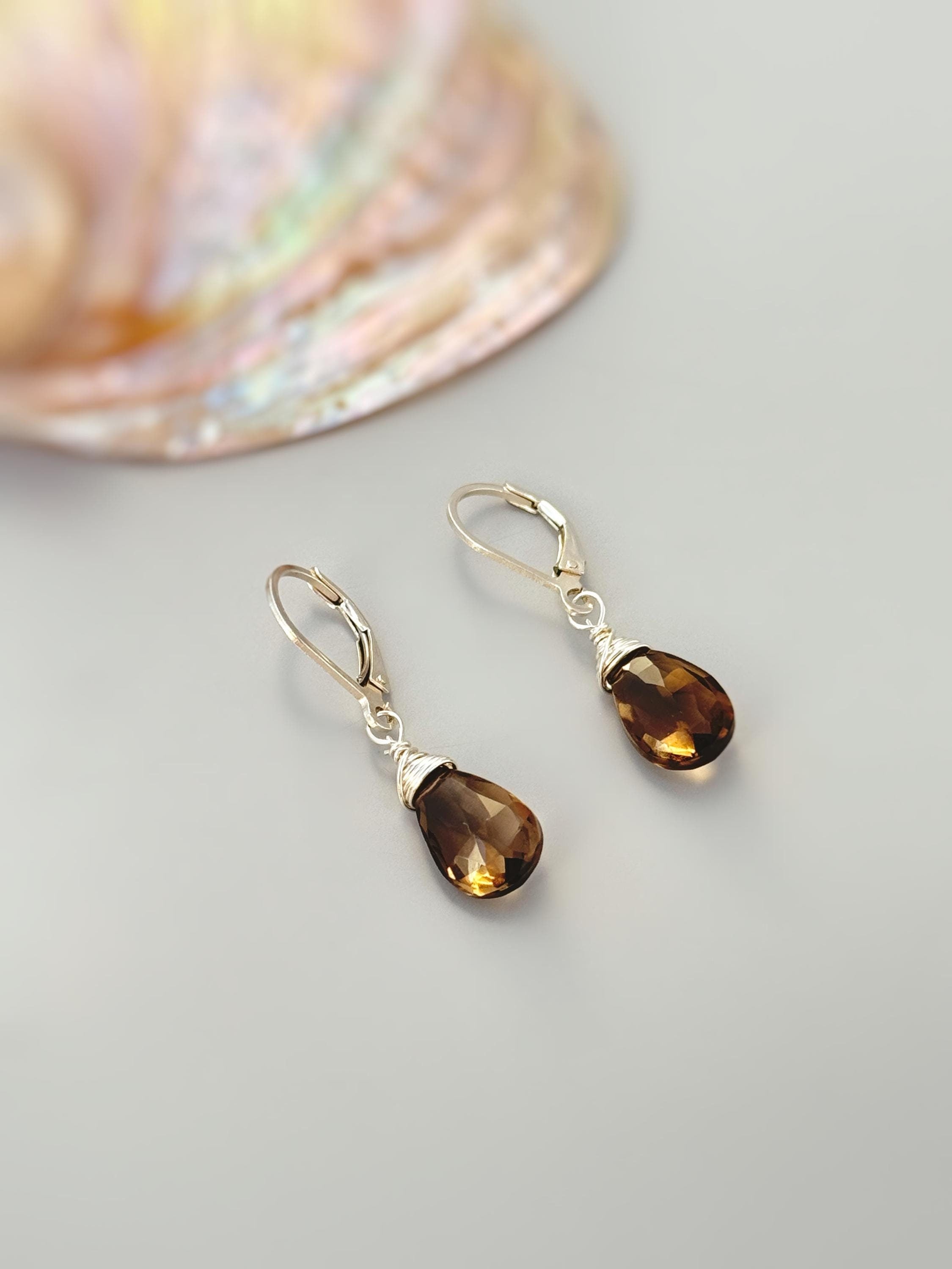 Dainty Smoky Quartz Earrings dangly sterling silver 14k gold boho dangle Quartz gemstone handmade jewelry for women gift for wife, mom