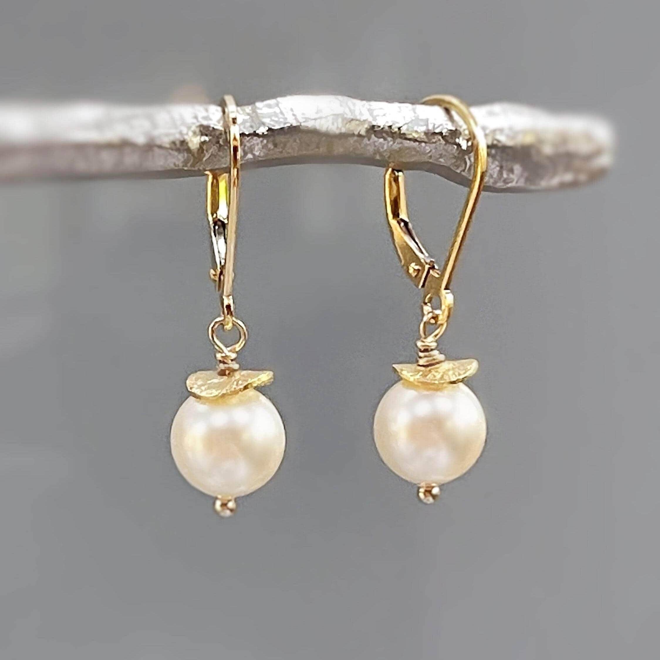 Minimalist Pearl Earrings dangle 14k Gold, Sterling Silver Blue Dainty Drop Earrings dangly artisan handmade jewelry modern bridesmaids gift