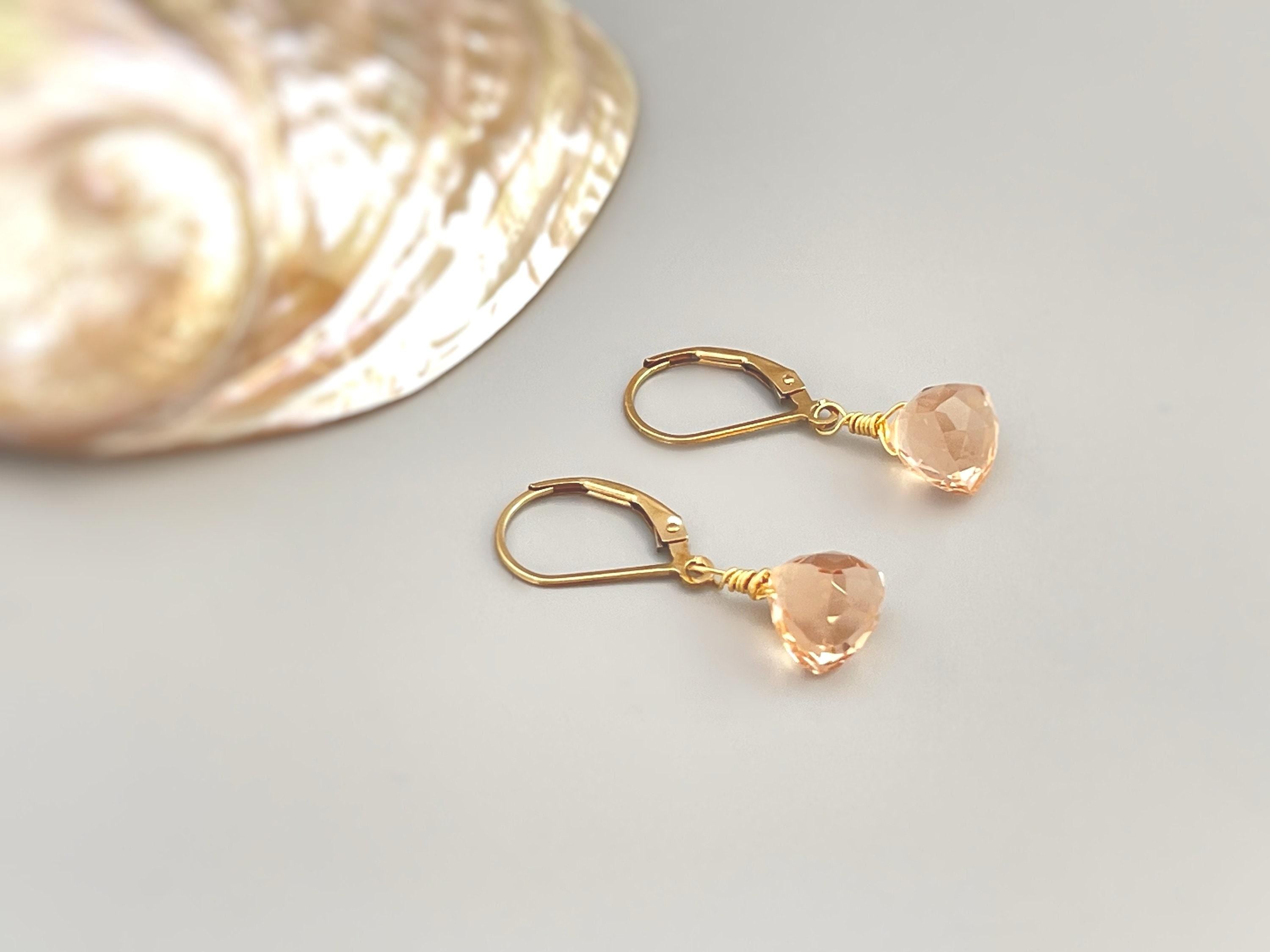 Dainty Morganite earrings dangle 14k gold, Sterling Silver, Rose Gold Peach Pink Quartz