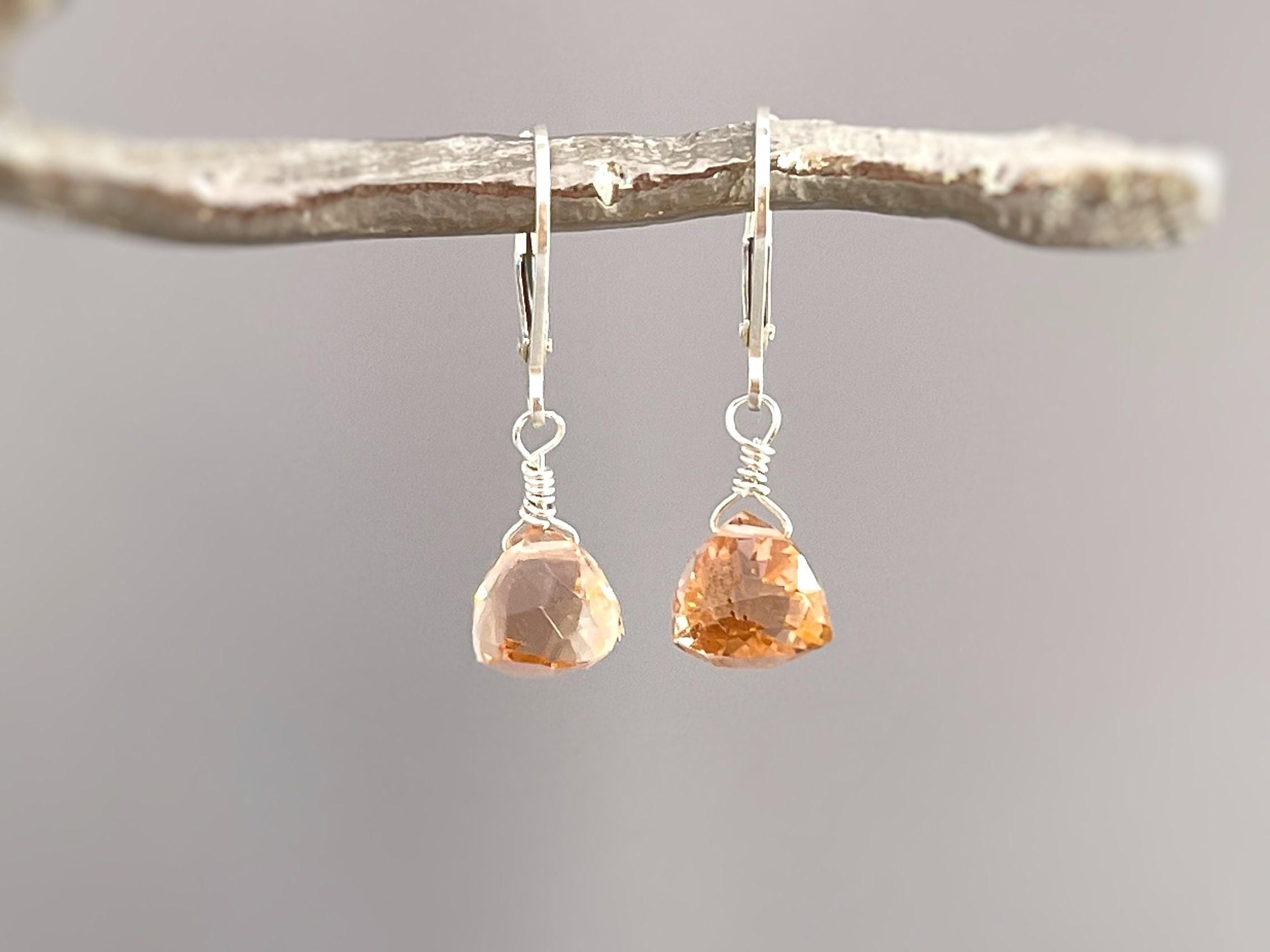 Dainty Morganite earrings dangle 14k gold, Sterling Silver, Rose Gold Peach Pink Quartz