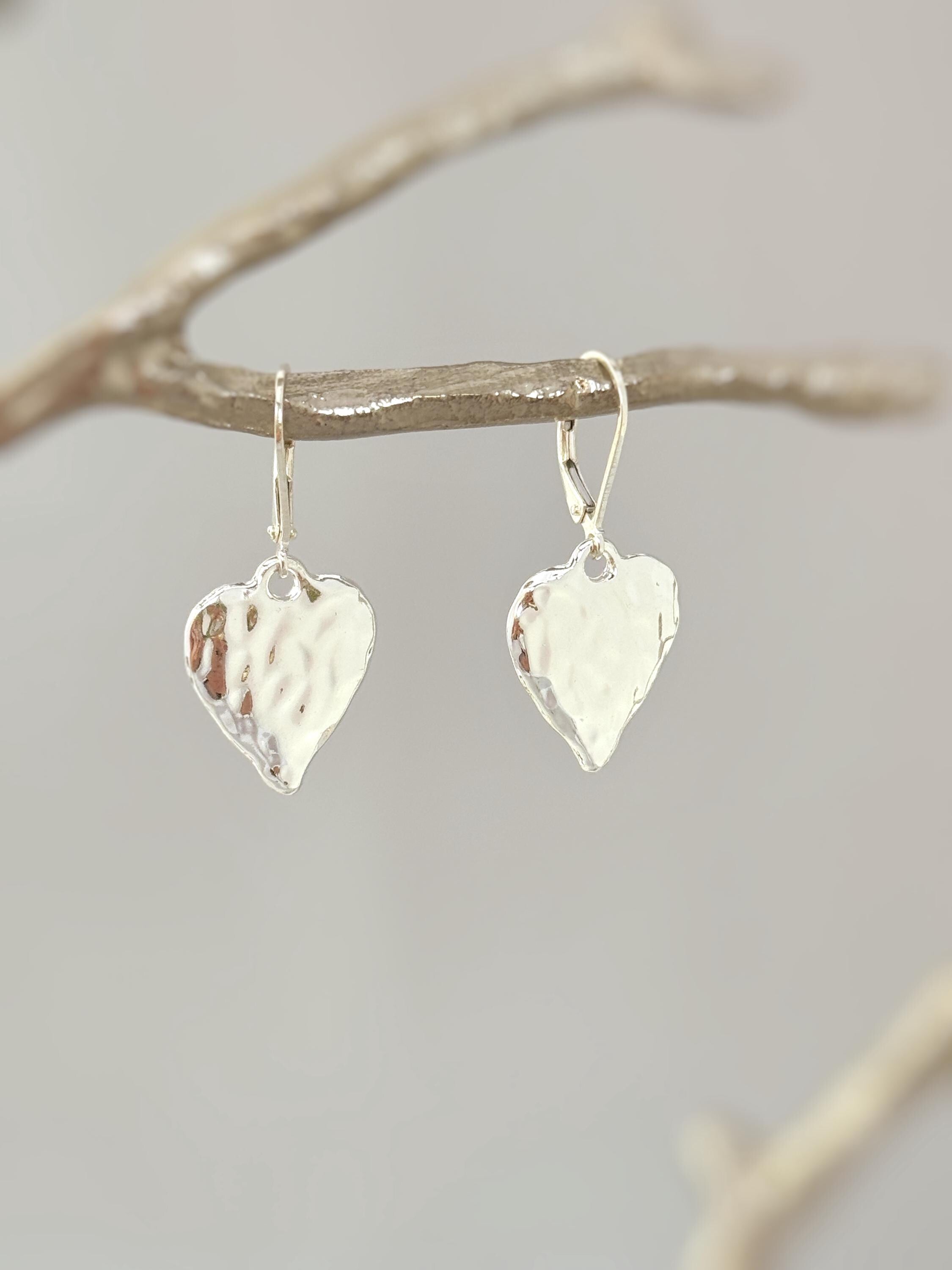 Silver Heart Earrings dangle sparkly boho handmade heart jewelry