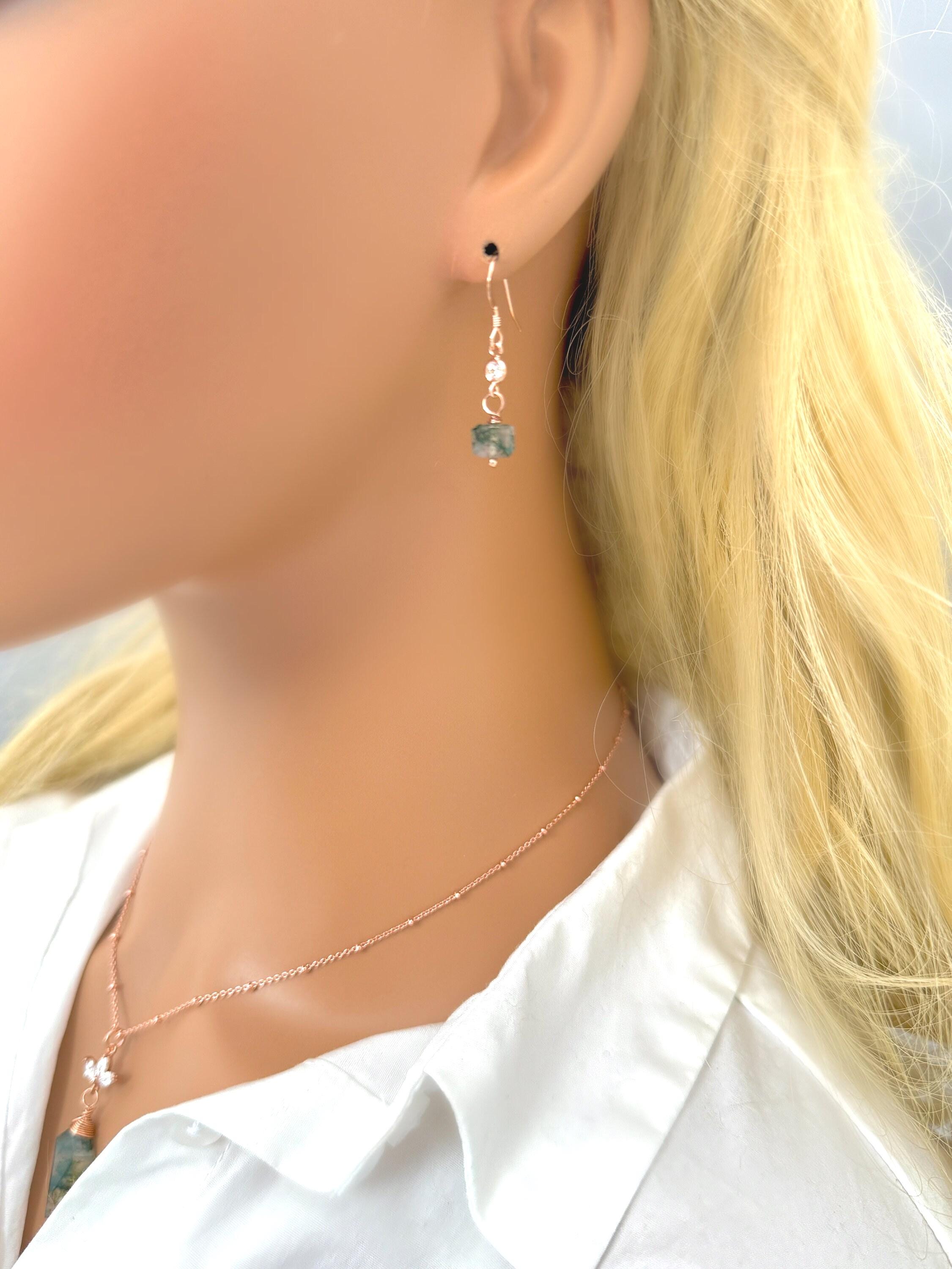 Moss Agate Earrings Dangle Rose Gold, Sterling Silver 14k Gold Fill