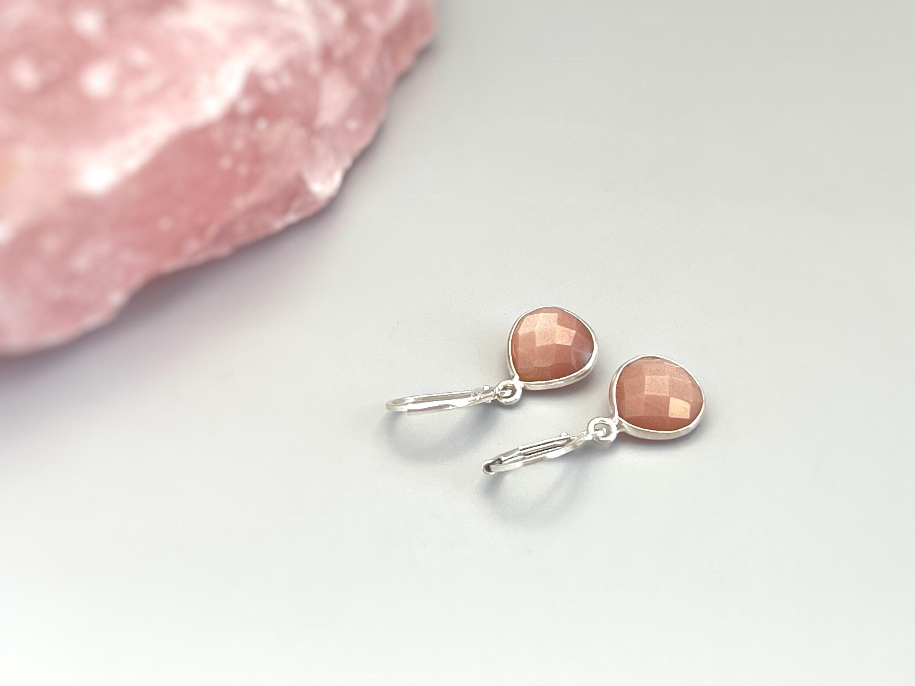 Peach Moonstone Earrings Dangle Sterling Silver Teardrop Leverback Minimalist dangly Drop earrings Handmade Moonstone Jewelry gift for wife
