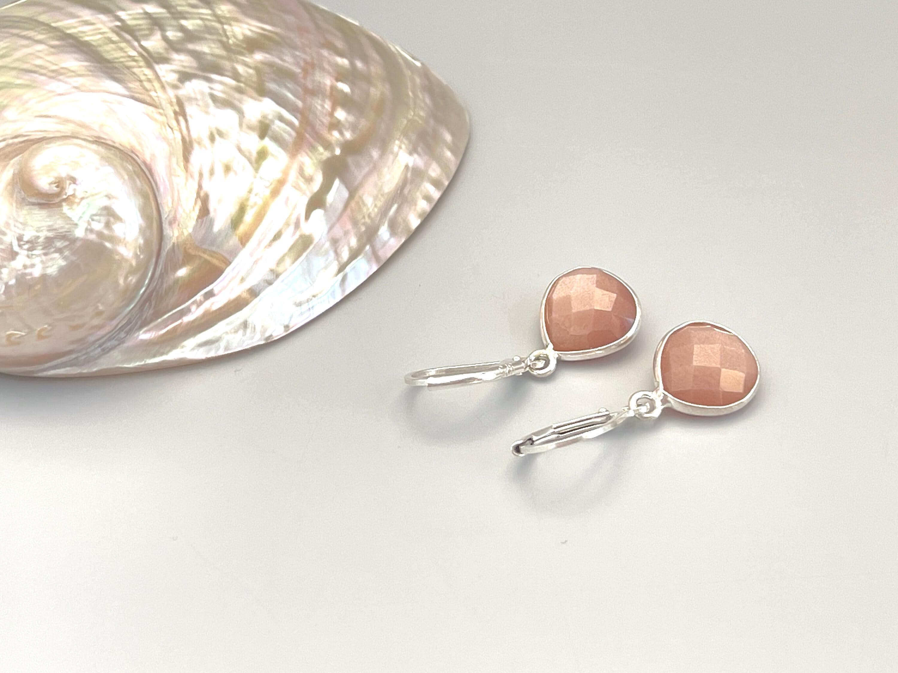 Peach Moonstone Earrings Dangle Sterling Silver Teardrop Leverback Minimalist dangly Drop earrings Handmade Moonstone Jewelry gift for wife