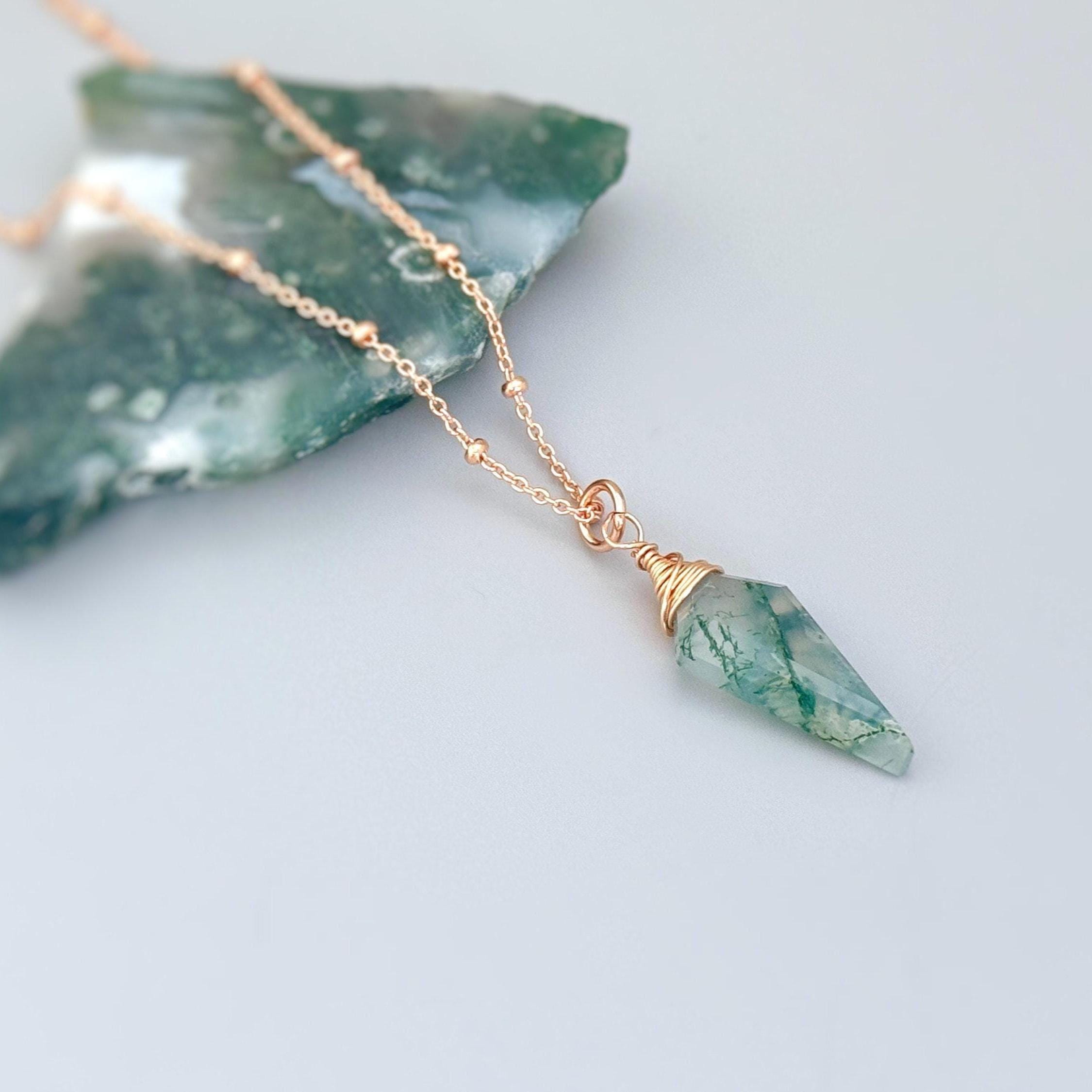 Moss Agate Pendant Necklace for women Rose Gold, gold, silver handmade crystal jewelry simple boho layering necklace gift for sister, friend