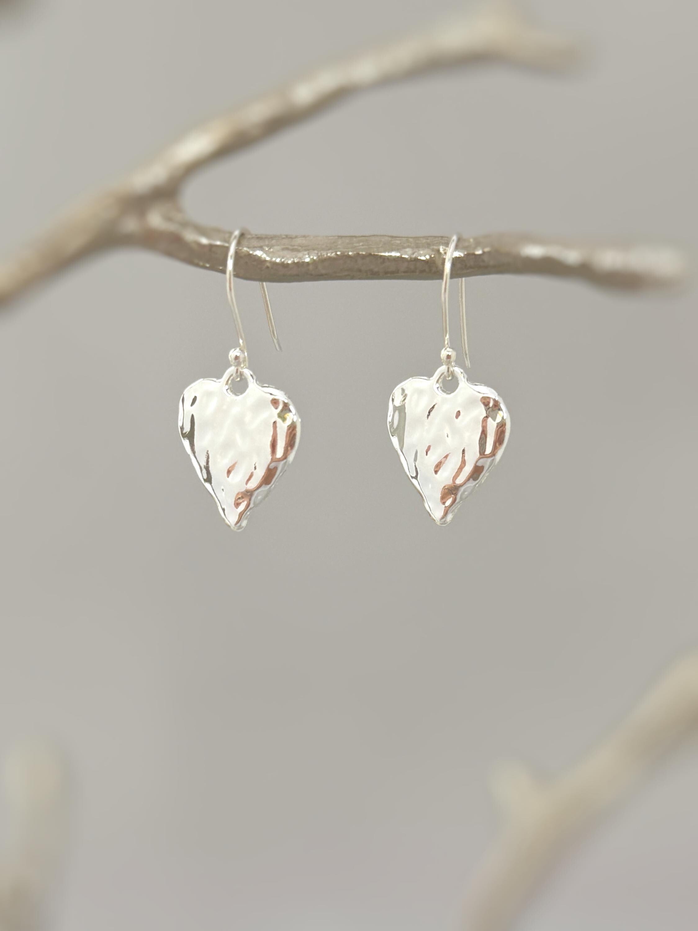 Silver Heart Earrings dangle sparkly boho handmade heart jewelry