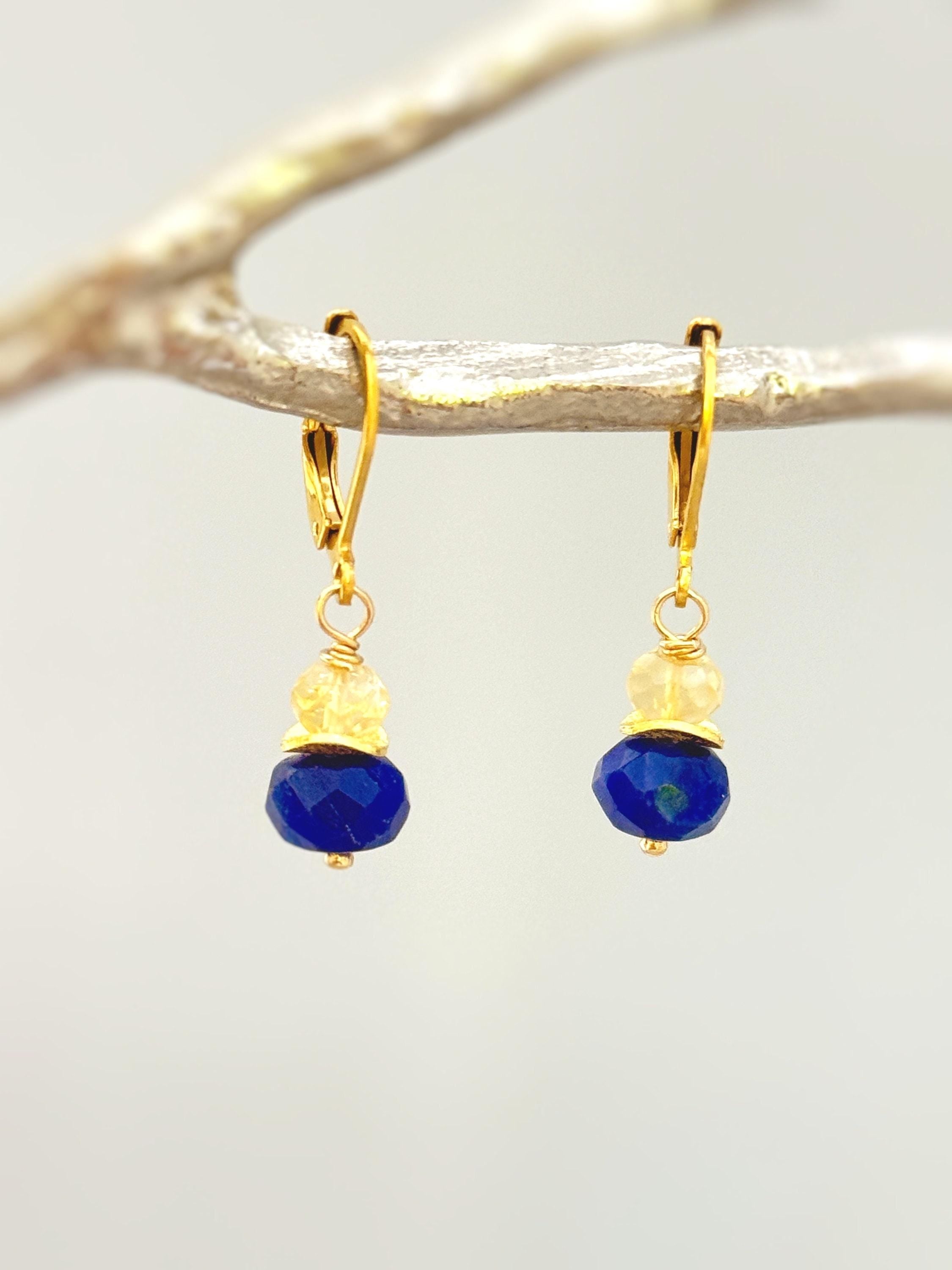 Gold Lapis Lazuli and Citrine blue and yellow gemstone Earrings dangle