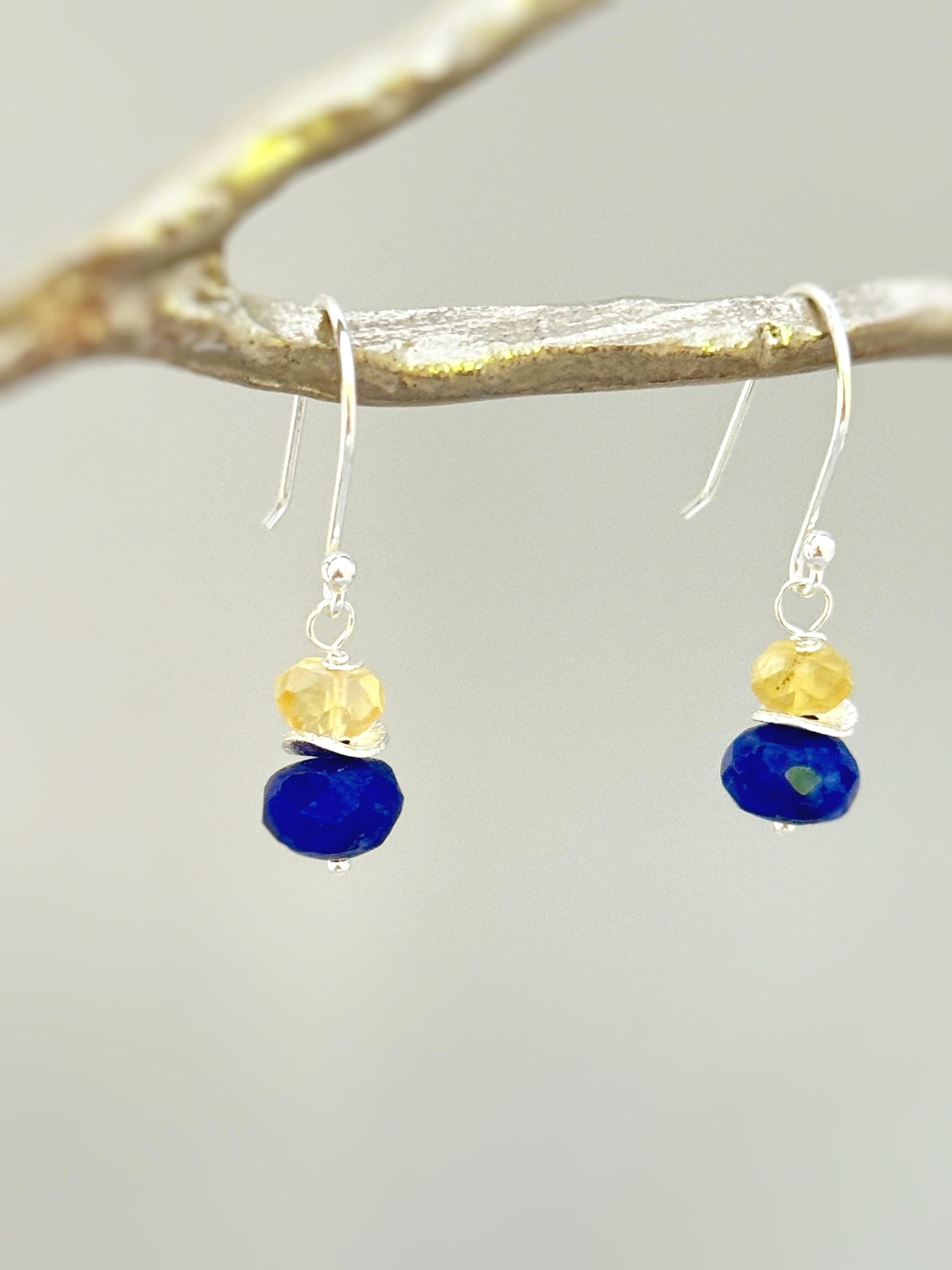 Citrine and Lapis Earrings dangle sterling silver gold