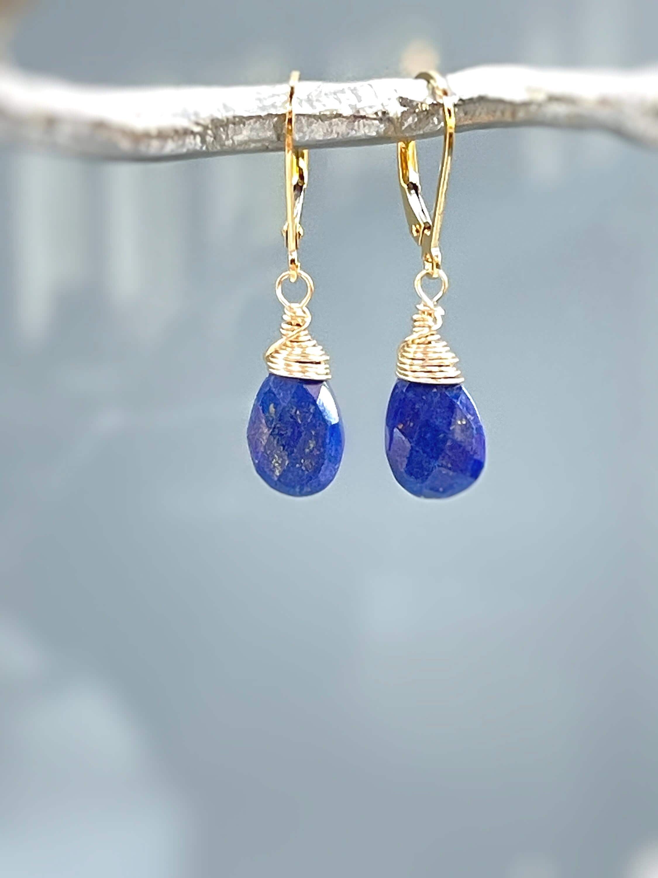 Lapis Lazuli Earrings Dangle Silver, 14k Gold Teardrop Blue Gemstone Dangly Drop Earrings Everyday Minimalist Dainty Handmade Lapis Jewelry
