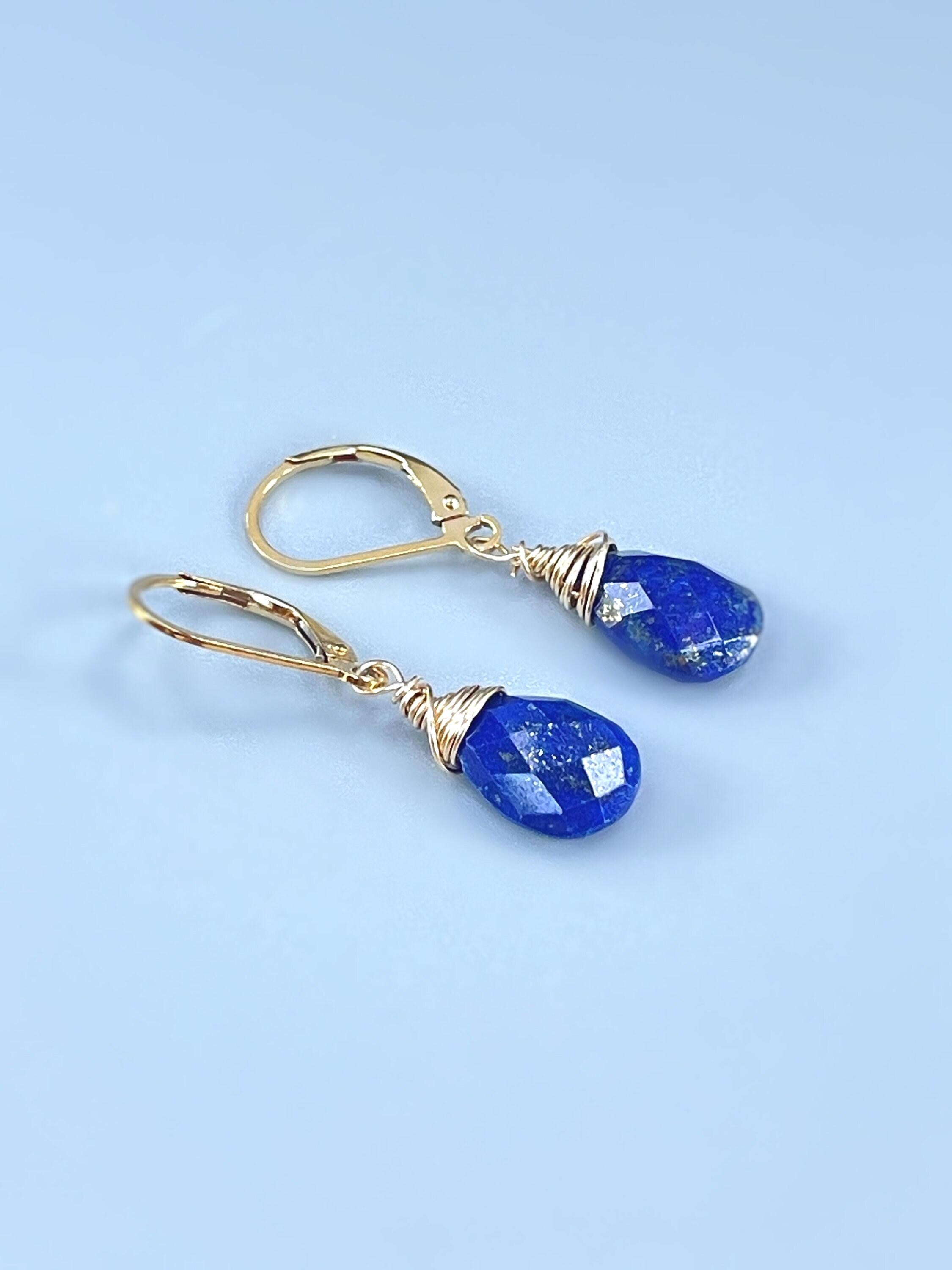 Gold Lapis Lazuli Earrings Dangle Silver, 14k Gold Teardrop Blue Gemstone Dangly Drop Earrings Everyday Minimalist Dainty Handmade Lapis Jewelry
